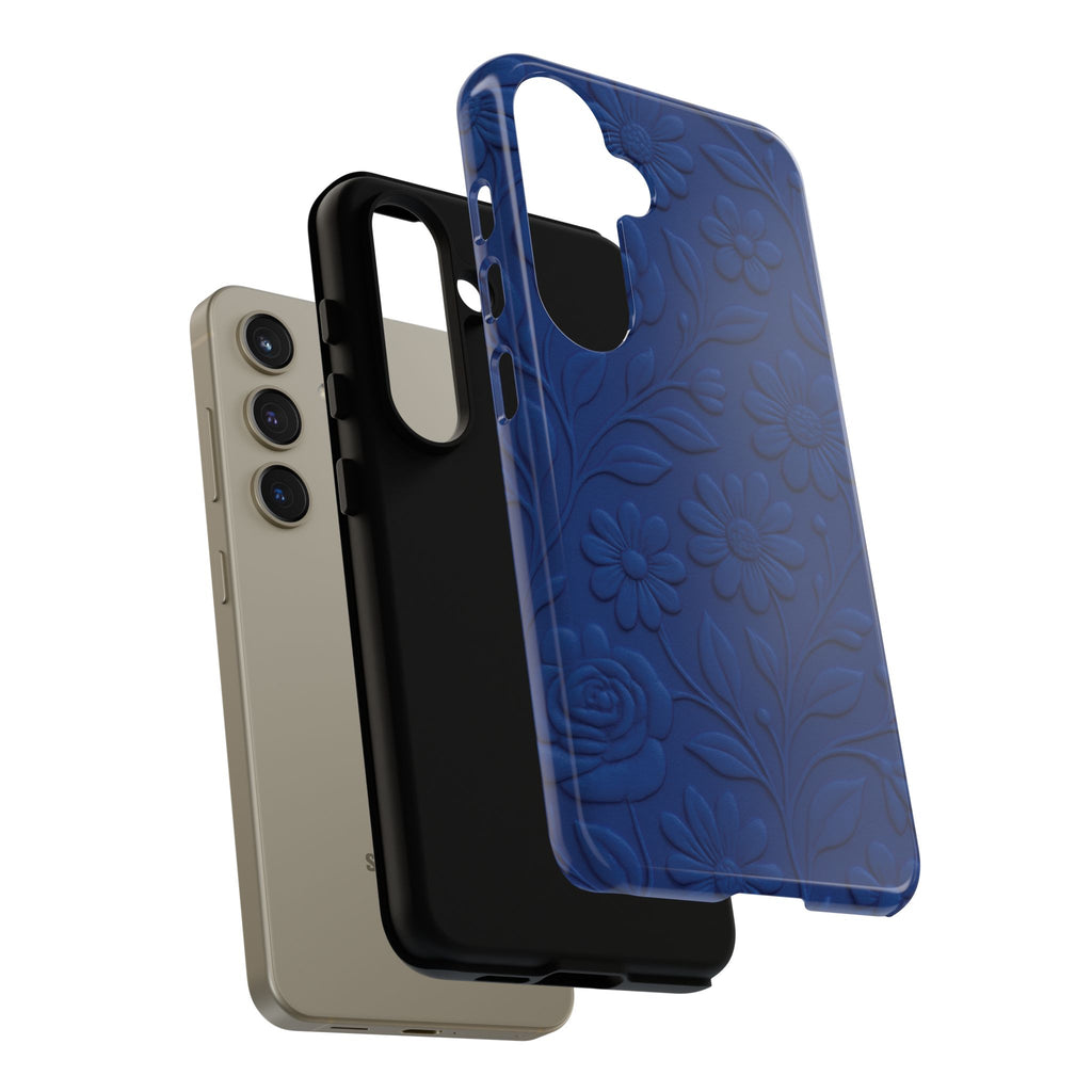3D Illusion Floral Cobalt Blue Phone Case Elegant Raised Flower Design, Seamless Textured Look, Durable & Stylish Protection for iPhone and Android Models Fits iPhone & Samsung Models