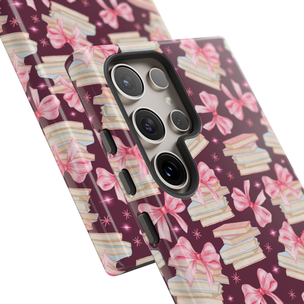 Coquette Pink Bows & Books Phone Case for iPhone 17 and Samsung, Pixel | Stylish Protective Cover Gift for Her Perfect for Floral Lover