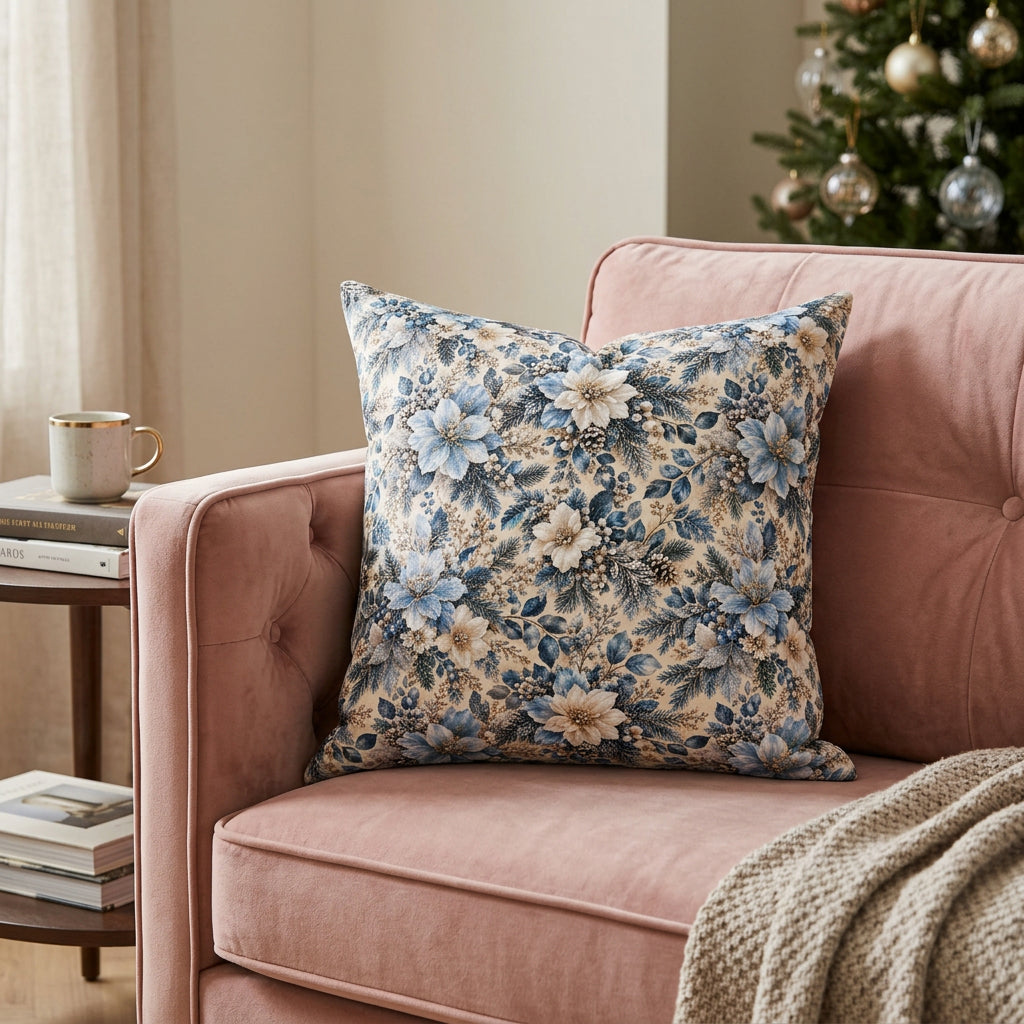 A square decorative throw pillow featuring an all-over floral pattern in shades of blue, beige, and cream on a white background.