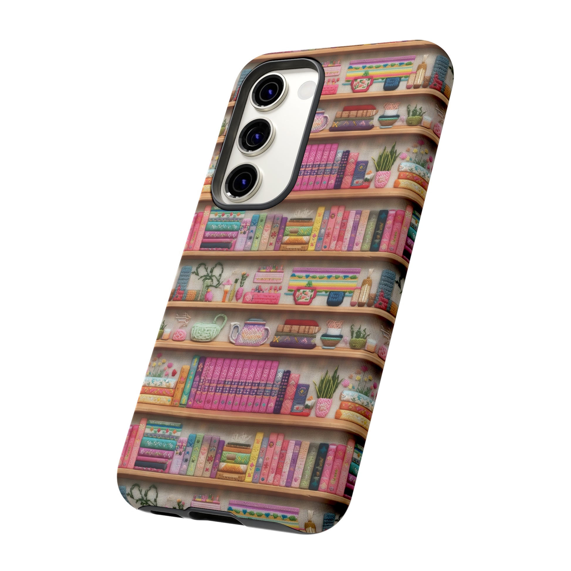 Phone Case 3D Illusion Books & Shelf Embroidery Design with Vibrant Colors Gift for Her Phone 15, Samsung iPhone Samsung Gift for Her Case iPhone 15, Samsung iPhone Samsung Accessory Gift for Her.