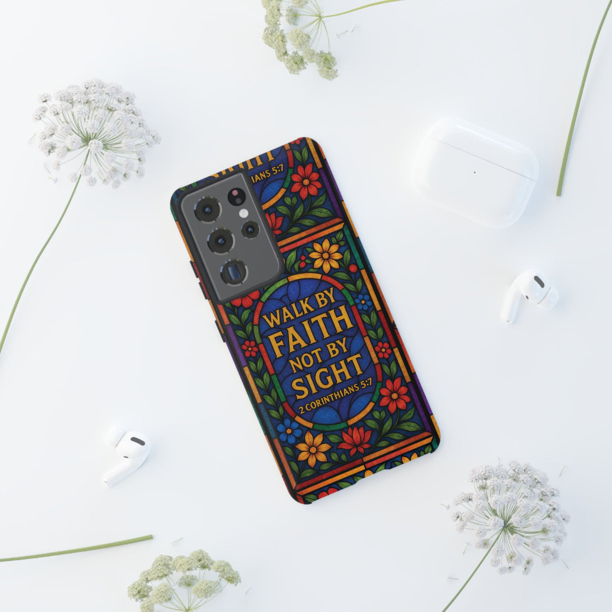 Walk by Faith Stain Glass Illusion Everywhere Christian Tough Phone Case with Bible Verse or Affirmation  Protective, Inspirational Gift for Christians