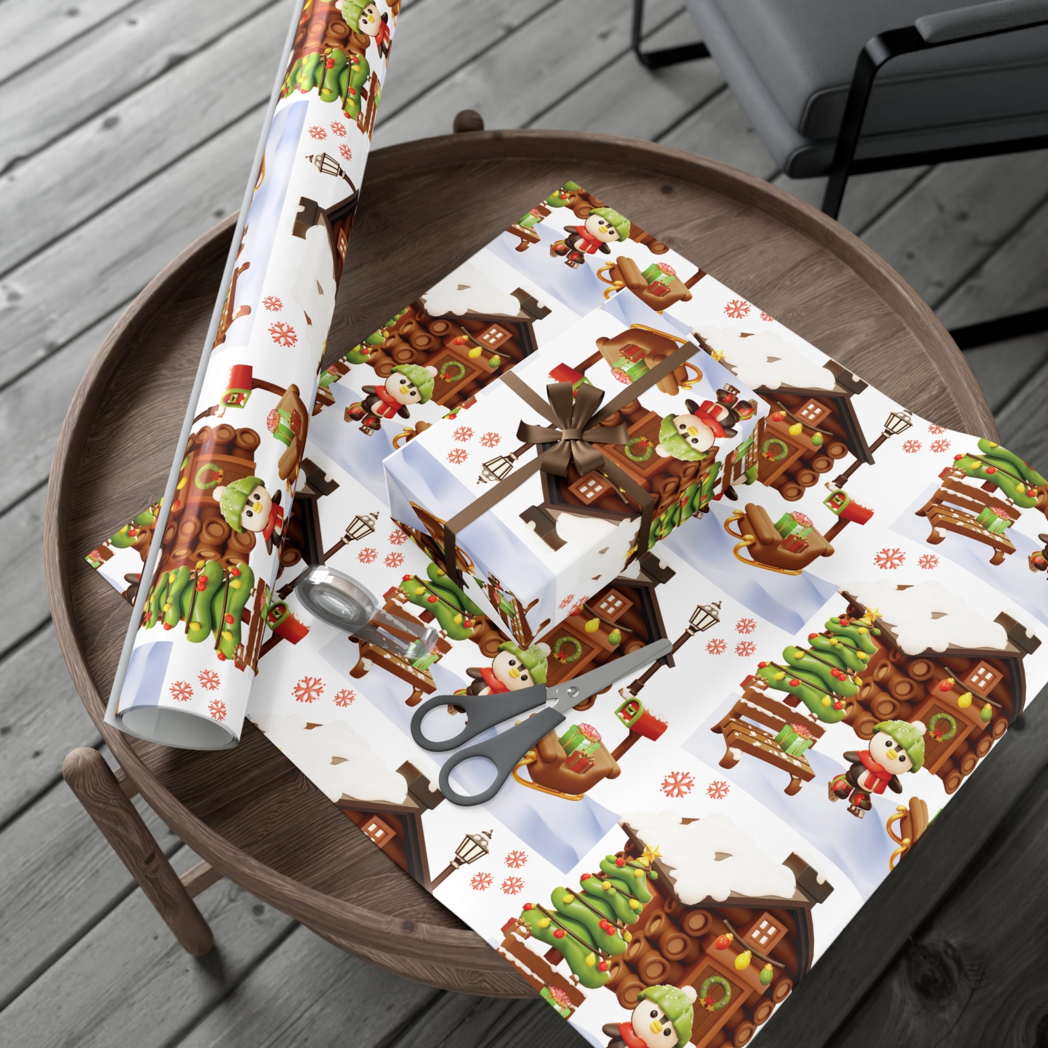 3D Illusion Penguin Wrapping Paper Cute Winter Penguin & Snow Cabin Scene, Festive Christmas Gift Wrap, Holiday Present Paper in 3 SizesPerfect for Seasonal Gifting