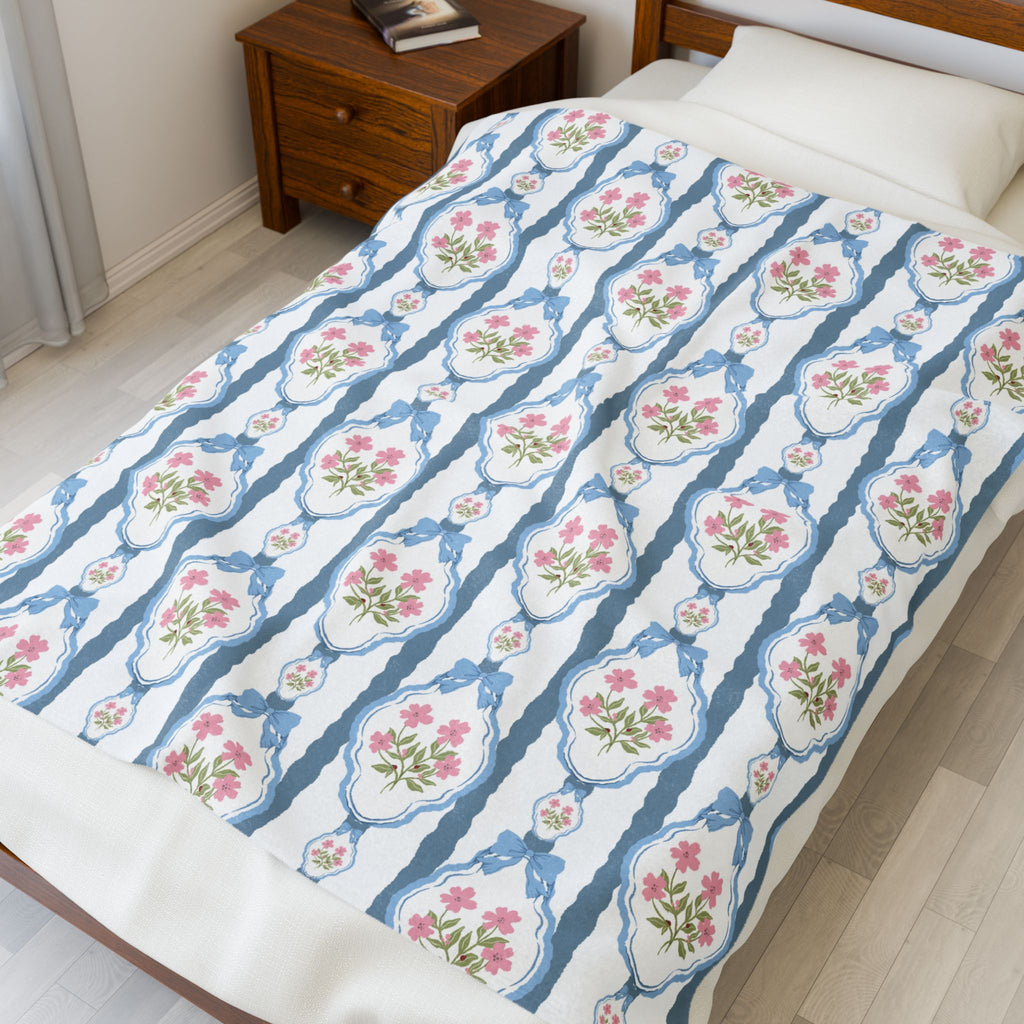 Couverture en peluche veloutée — Nœuds roses vintage et jeté romantique bleu