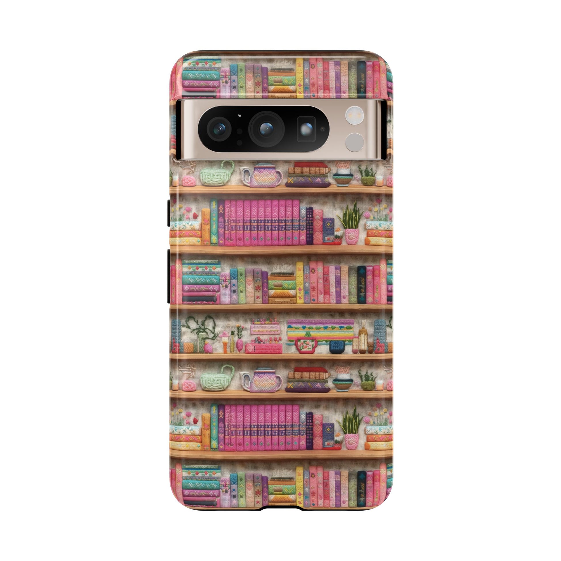 Whimsical 3D Embroidery Illusion Books on Pastel Shelves Phone Case for iPhone, Samsung & Pixel: Unique Accessory for Literary Enthusiasts Gift for Her Perfect for Floral Lover