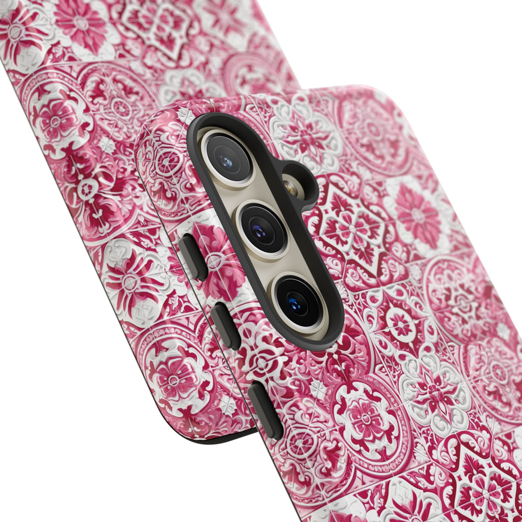 Pink and White Mediterranean Tile Design Phone Case - Stylish, Protective Cover for All Models Gift for Mom Accessory Gift for Her