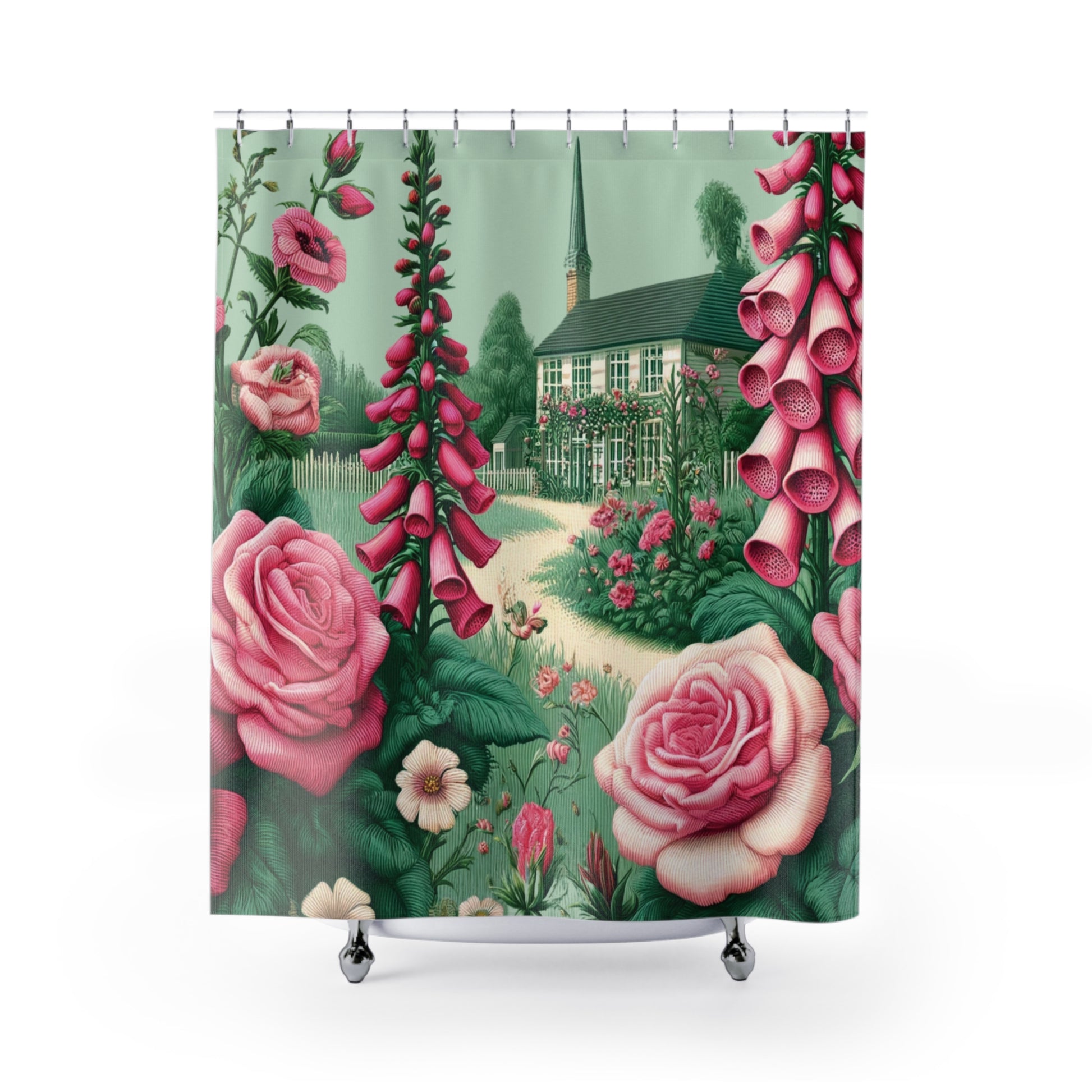 Shabby Chic Blossoms Bold Pink Roses and Country Cottage Garden Vintage Style Shower Curtain for Bathroom Deco Housewarming Gift New Bathroom Decor Wedding Gift for Mom Bridal Shower Gift Newlywed - MRSBYVALLE