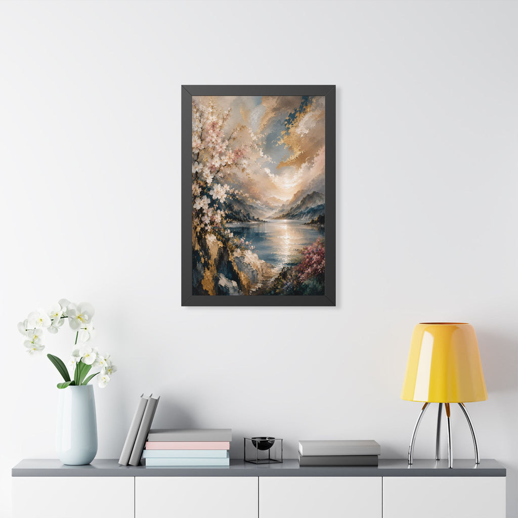 Sunlit Mountain Lake framed vertical poster | floral shoreline landscape