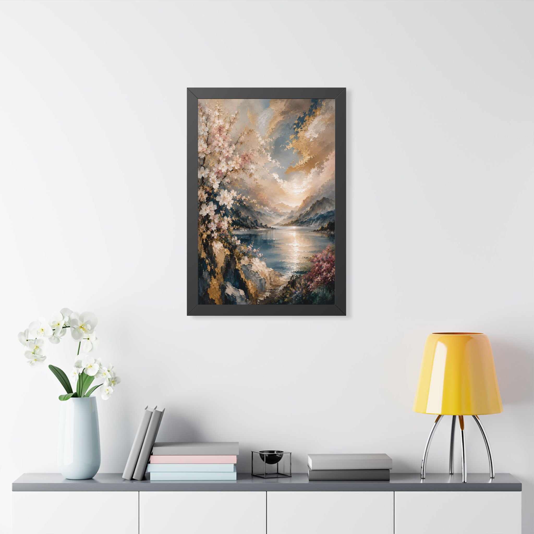 Sunlit Mountain Lake framed vertical poster | floral shoreline landscape