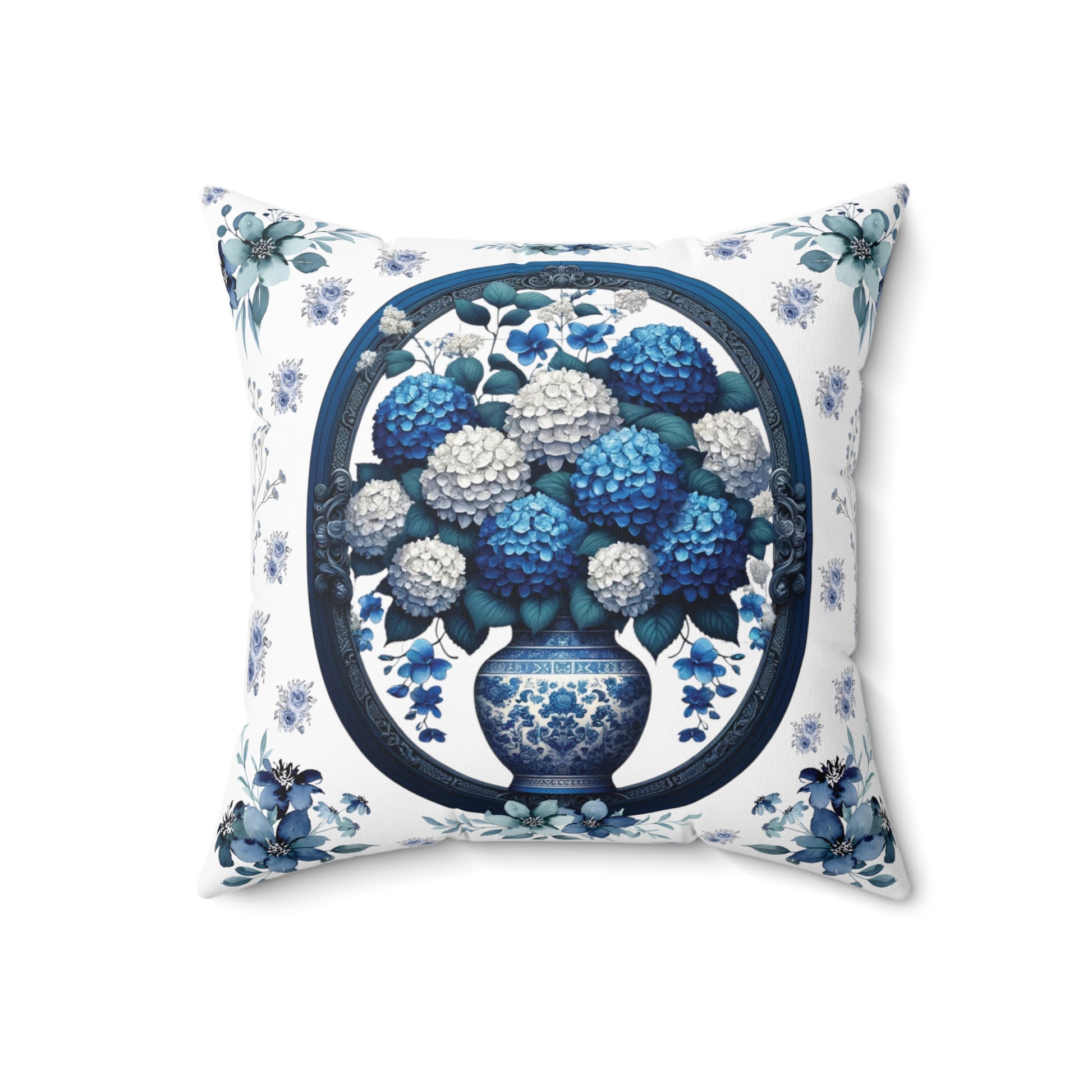 Square Pillow Vintage Chinoiserie Hydrangeas Square Pillow: Elegant Blue White Victorian Frame Ideal for Luxurious Home Decor Comfort for Living Room, Bedroom or Housewarming Gift New House, Bridal Shower Gift.