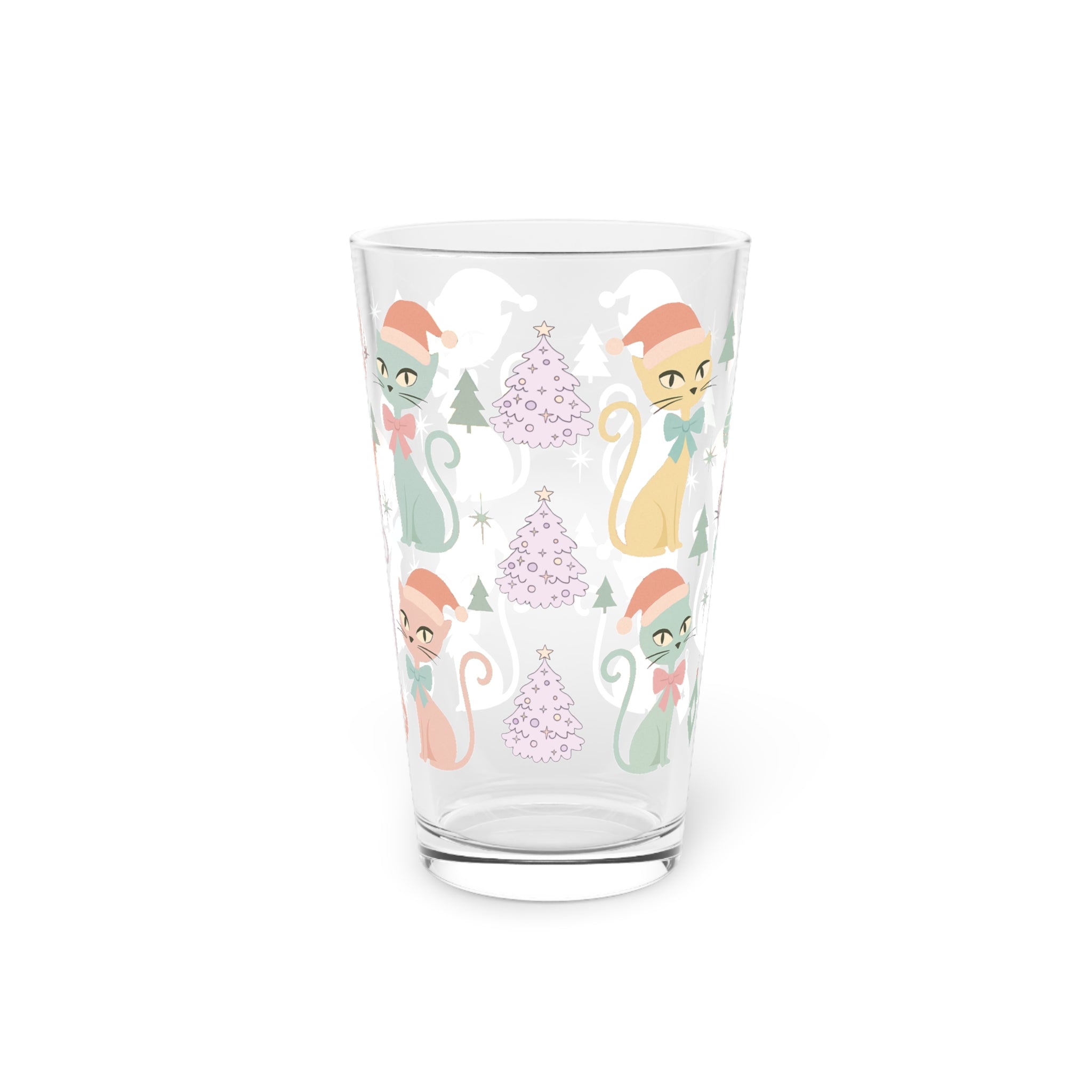Pastel Atomic Cat Pint Glass, 16oz Retro Mid Century Modern Drinkware, Vintage Kitty Cup with Coquette Bow, Cute Aesthetic Bar Glass for Cat Lovers