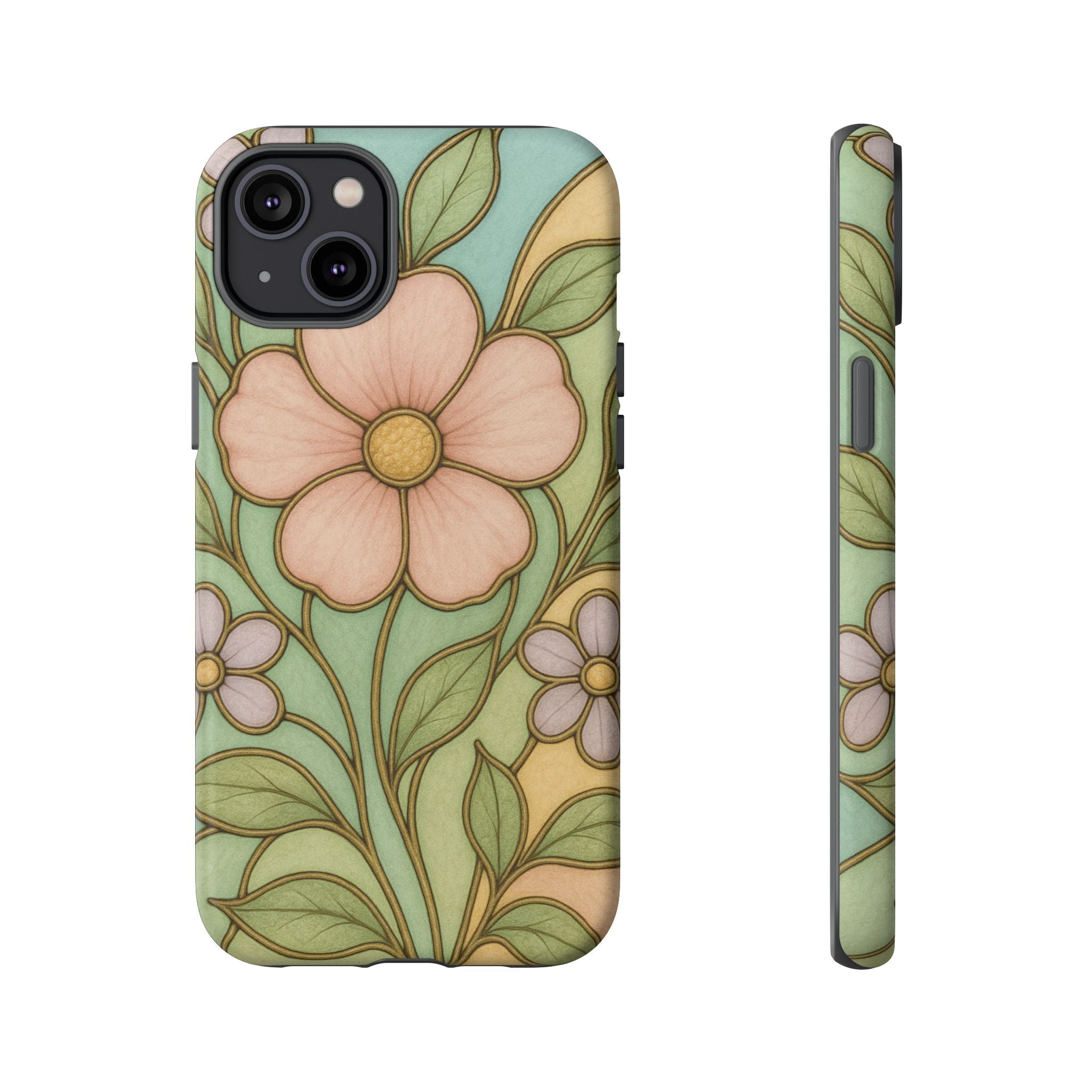 Pastel Pink, Yellow Stain Glass Illusion Floral Phone Case  Romantic Cottagecore Aesthetic, Soft Botanical Design, Protective Gift for Her, Fits iPhone & Samsung Models