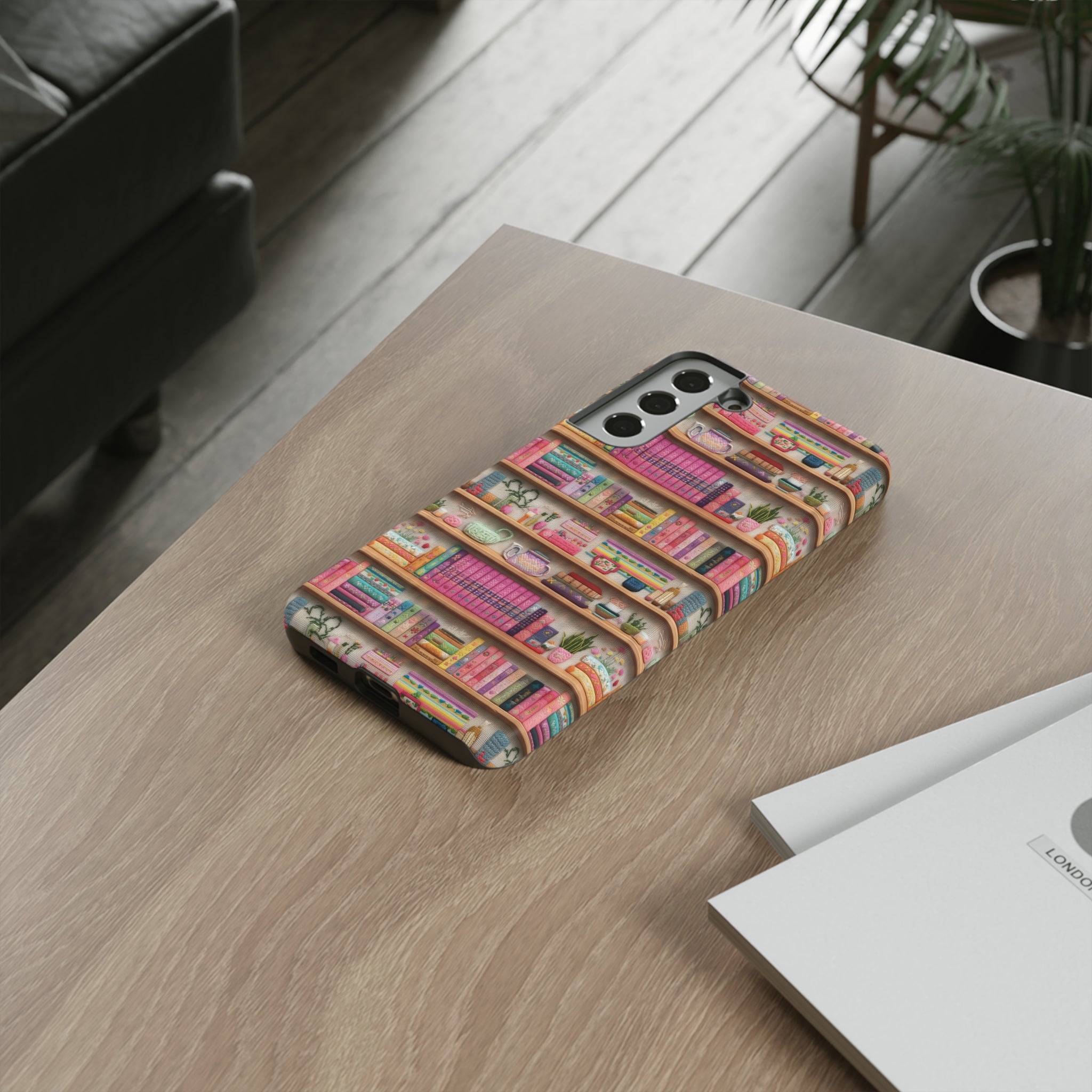 Phone Case 3D Illusion Books & Shelf Embroidery Design with Vibrant Colors Gift for Her Phone 15, Samsung iPhone Samsung Gift for Her Case iPhone 15, Samsung iPhone Samsung Accessory Gift for Her.