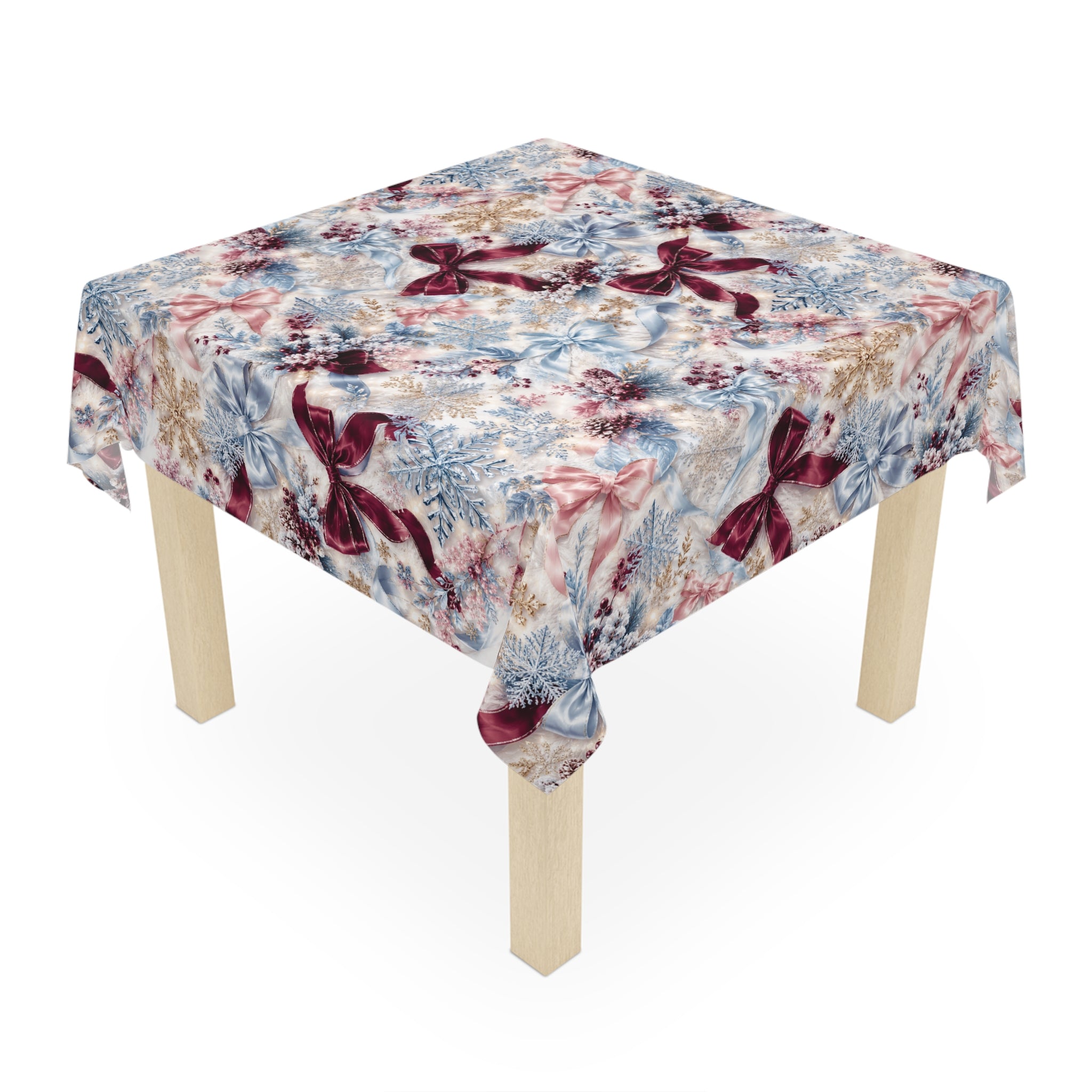 Winter Floral Bow Tablecloth | Holiday Icy Blue Pinks and Ribbon Pattern