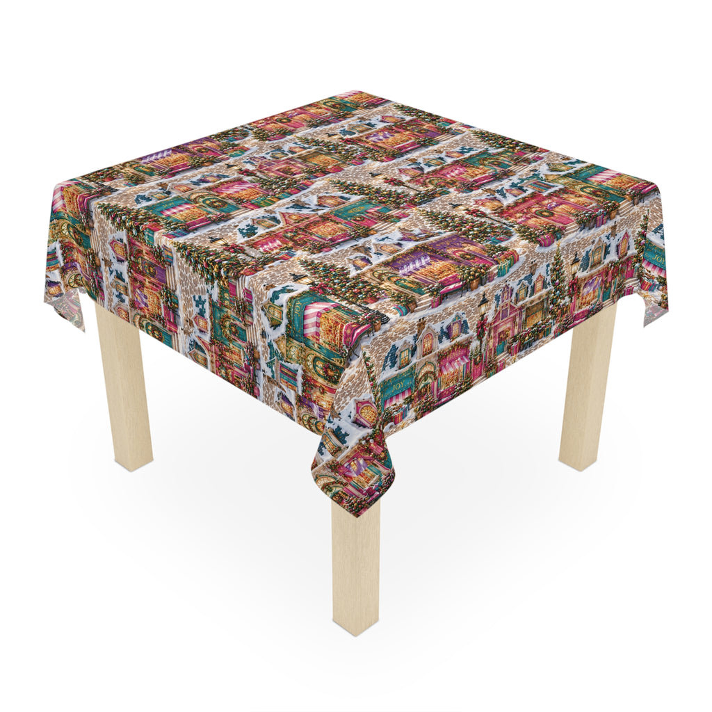 Christmas Village Tablecloth – Festive Snowy Holiday Houses Print for Seasonal Dining