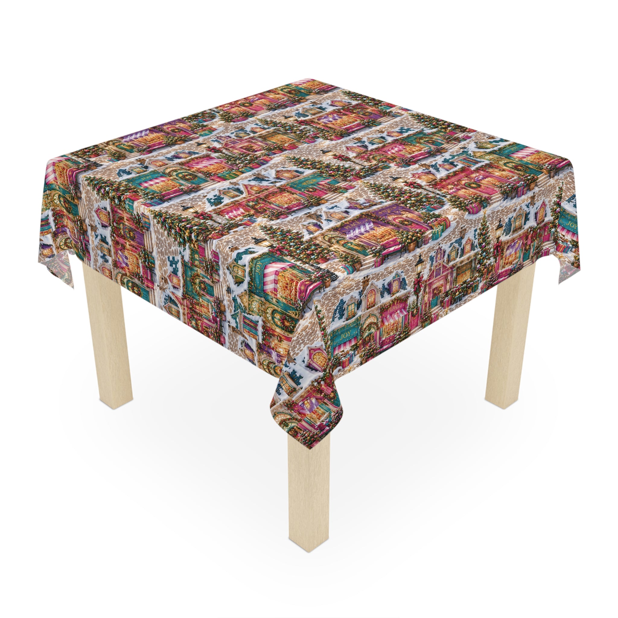 Christmas Village Tablecloth – Festive Snowy Holiday Houses Print for Seasonal Dining