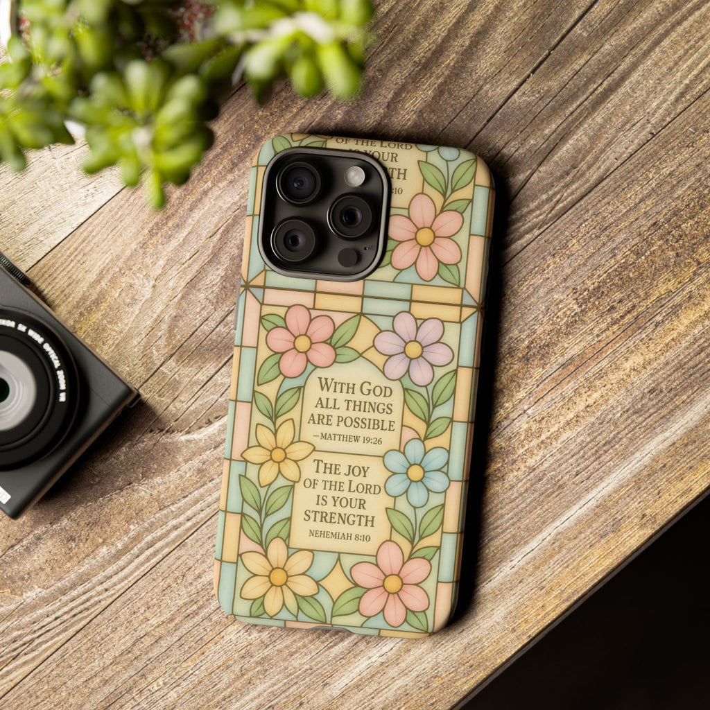 Pastel Stained Glass Bible Verse Phone Case Christian Affirmation Cover, Soft Geometric Design, iPhone Samsung Google, Faith Gift for Her Bible Verse or Affirmation | Protective, Inspirational Gift for Christians