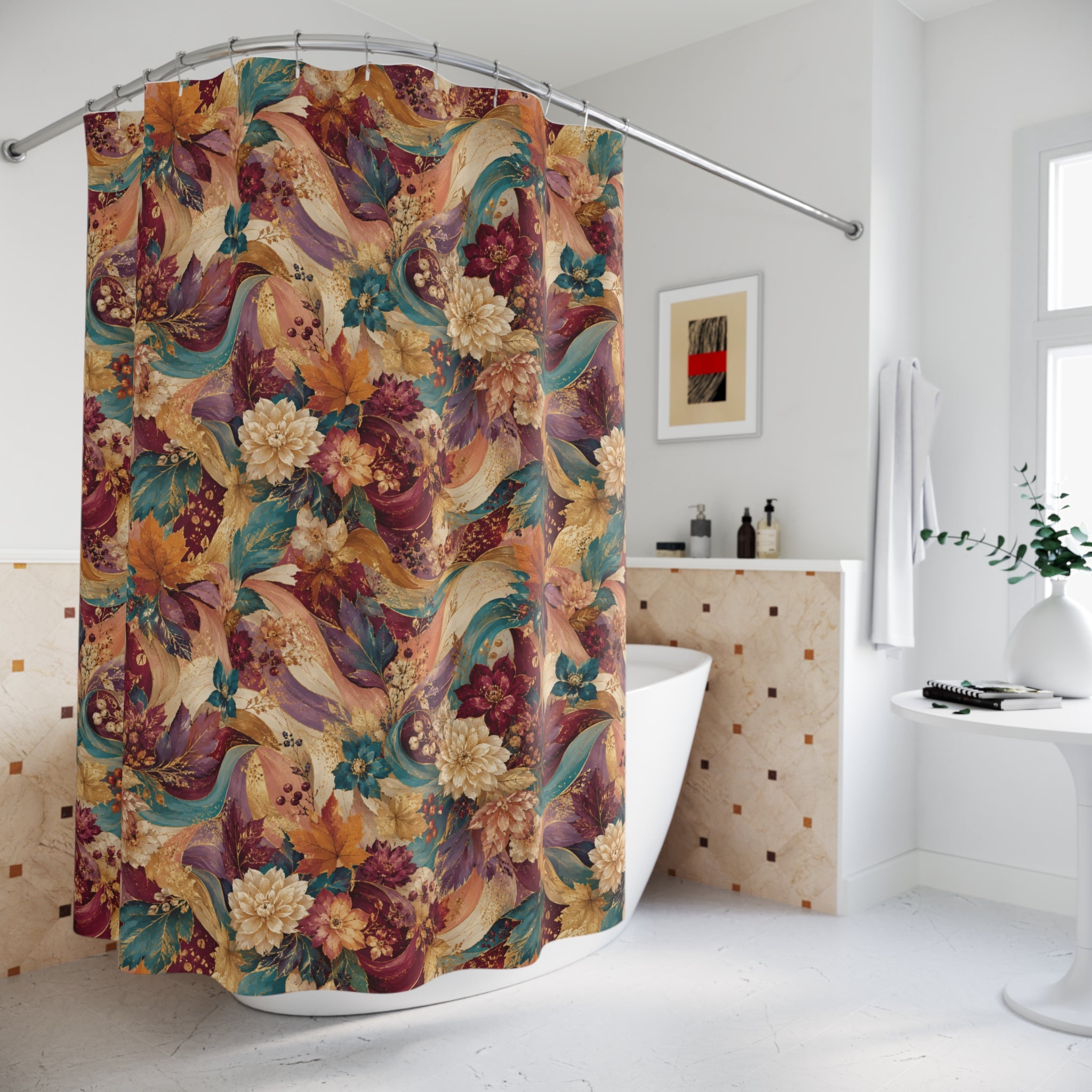 Autumn Floral Shower Curtain — Vintage Boho Leaves & Blooms Bathroom Decor