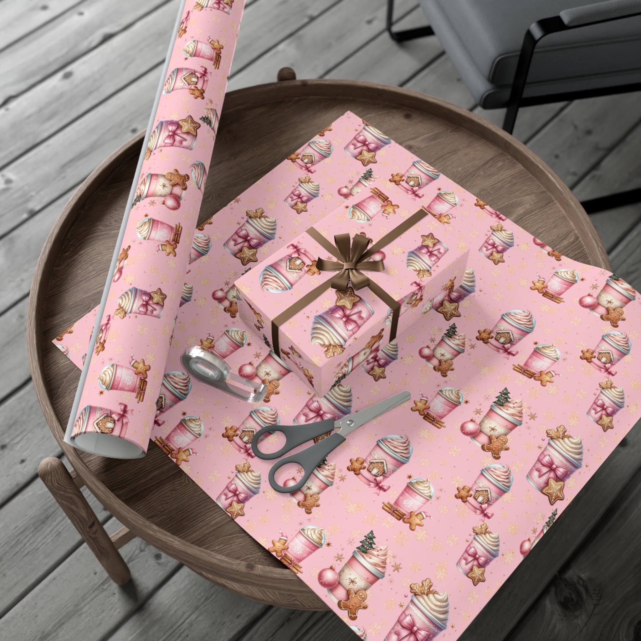 Whimsical Pink Gingerbread People with Coffee Delights Wrapping Paper Festive, Playful, and Perfect for Adding a Sweet Touch to Your Holiday Gifts Moms - MRSBYVALLE