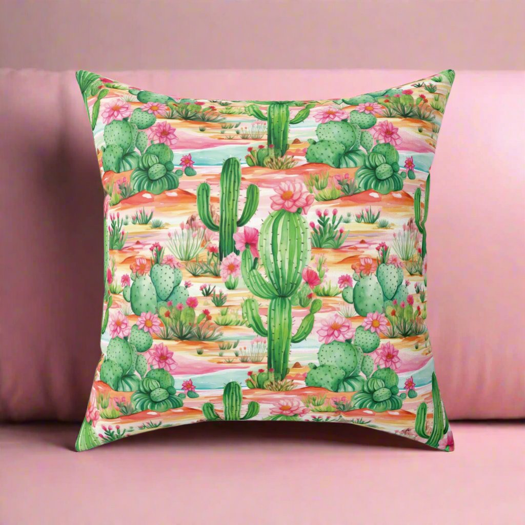 Cactus Pillow Pink and Mint Green Cactus Decorative Pillow  Stylish Square Cushion with Cactus Flowers | Vibrant Home Décor Accent for a Fresh, Nature-Inspired Look