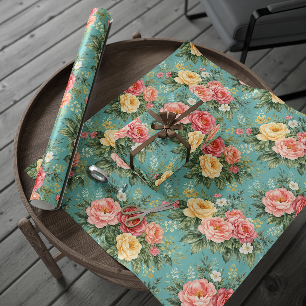 Turquoise Botanical Wrapping Paper — Signature Floral Gift Wrap for Weddings & Birthdays