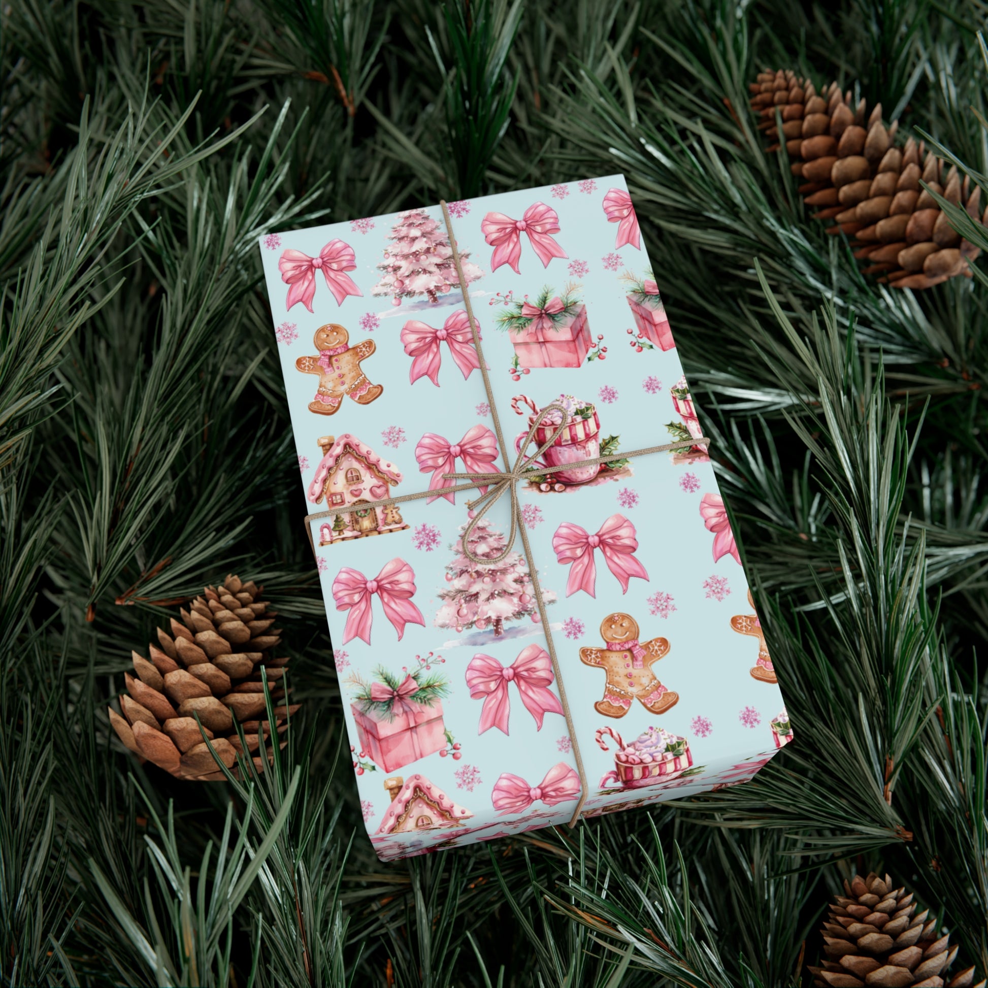 Coquette Pink Gingerbread House Man Wrapping Paper with Adorable Pink Bows Perfect for Whimsical Christmas Gift Wrap | Festive Holiday Present Wrapping Sheets - MRSBYVALLE