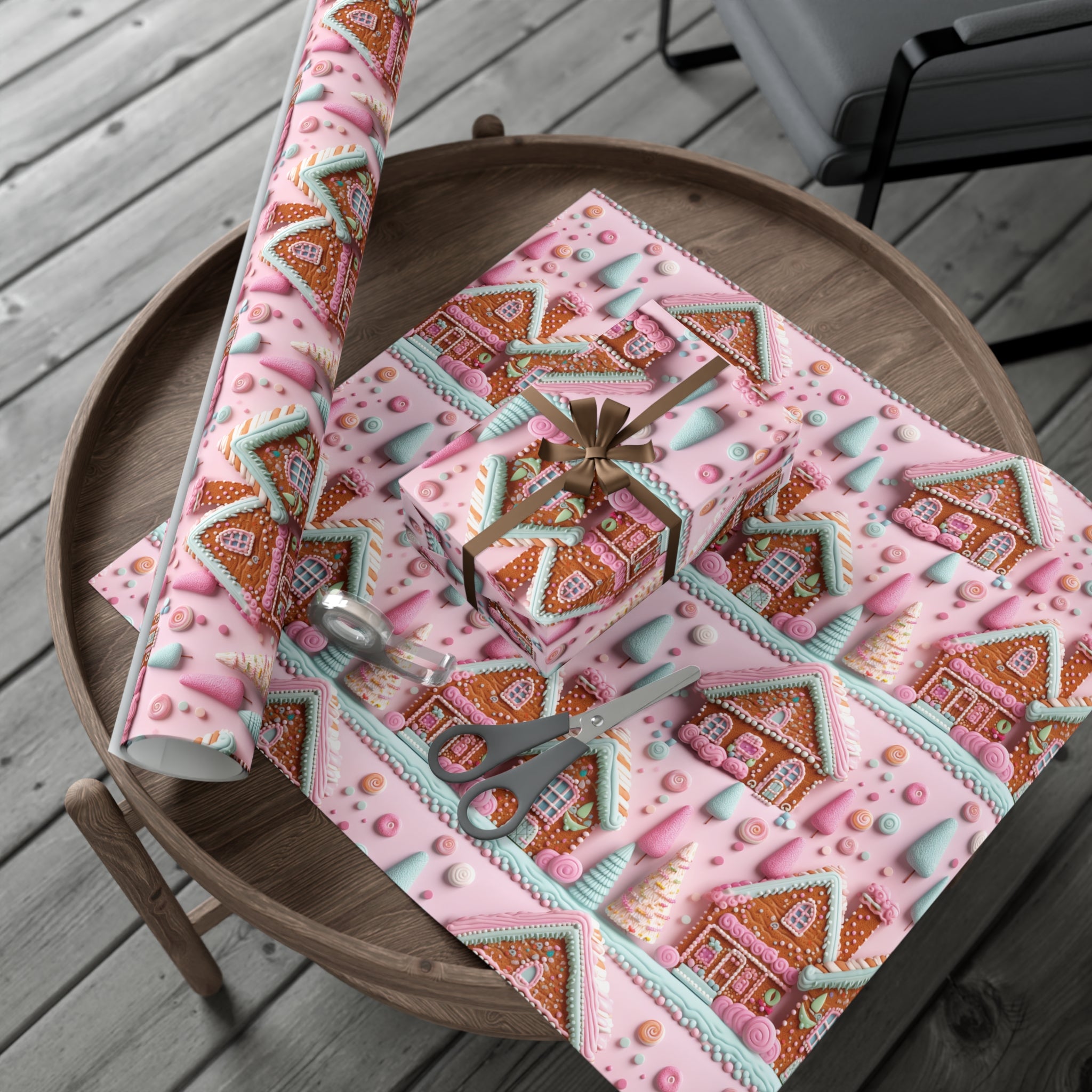 3D Clay Illusion Pink Gingerbread House Wrapping Paper Festive, Playful, and Perfect for Adding a Sweet Touch to Your Holiday Gifts Moms - MRSBYVALLE