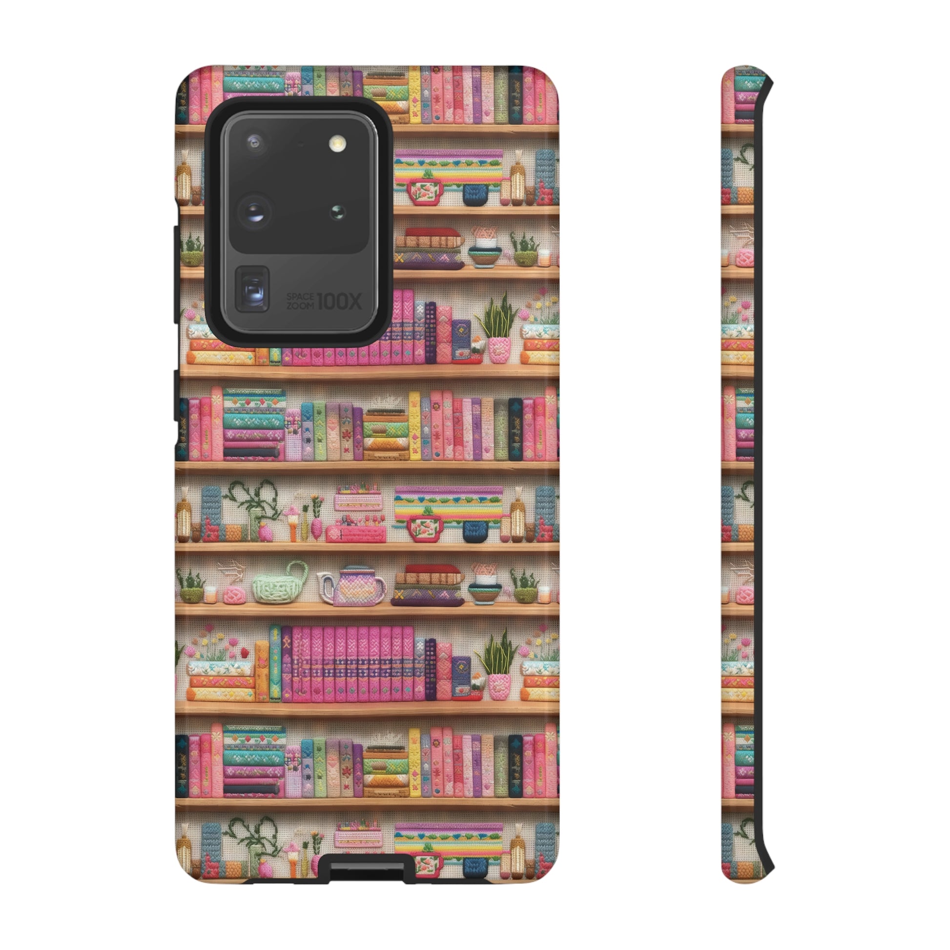 Phone Case 3D Illusion Books & Shelf Embroidery Design with Vibrant Colors Gift for Her Phone 15, Samsung iPhone Samsung Gift for Her Case iPhone 15, Samsung iPhone Samsung Accessory Gift for Her.