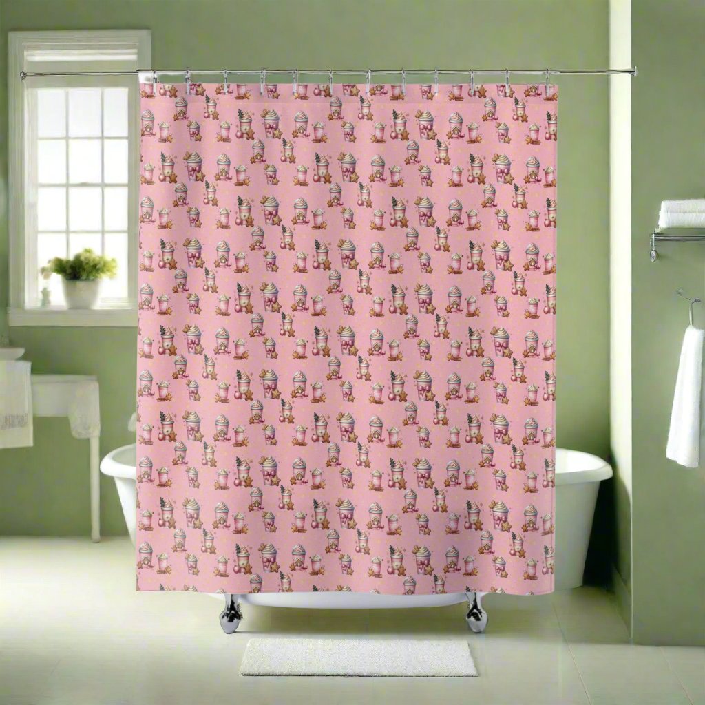 Christmas Pink Gingerbread People with Coffee Shower Curtain Festive Holiday Bathroom Decor, Vibrant Colors, Perfect for Adding Seasonal Cheer and Whimsy to Your Bathroom - MRSBYVALLE