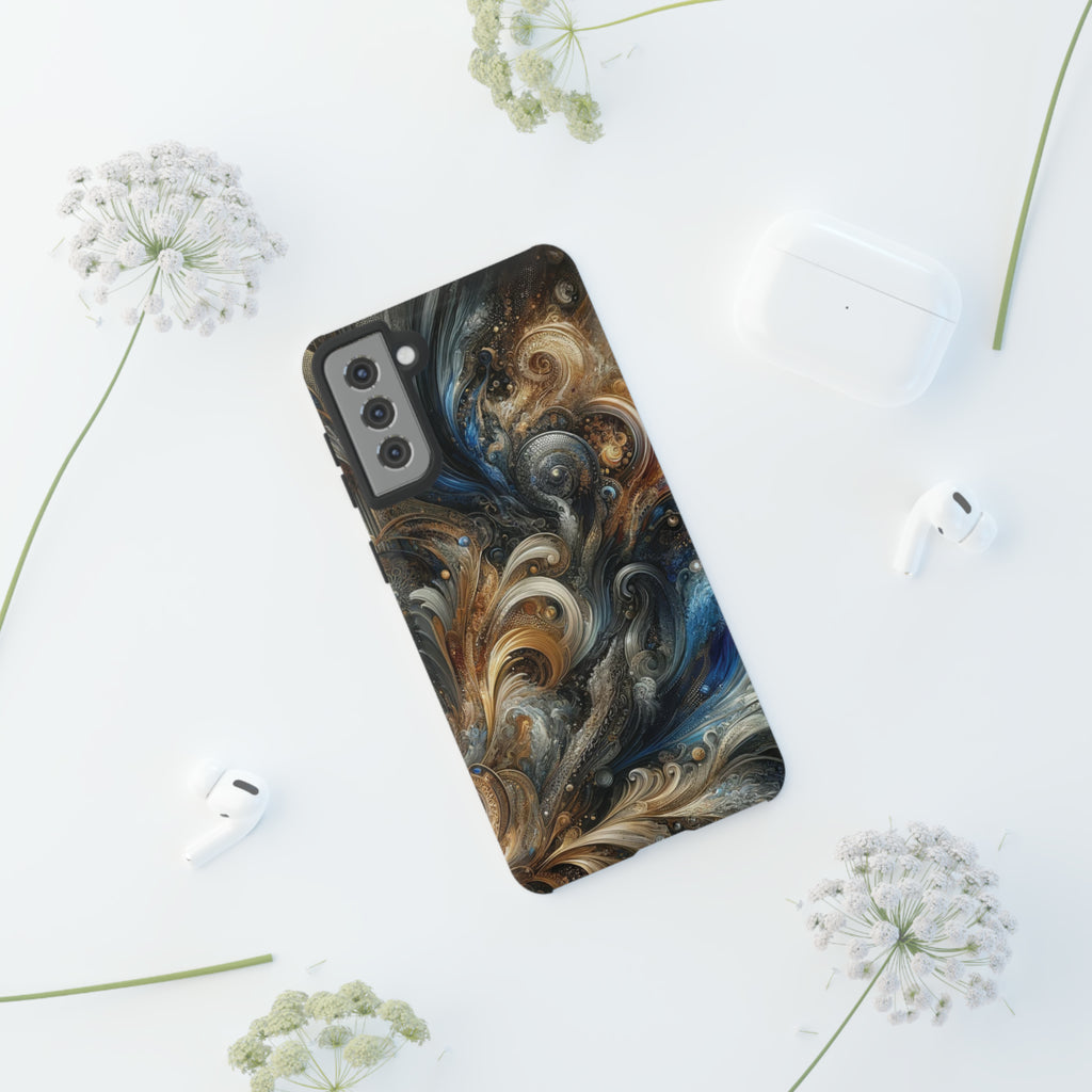 Gold and Navy Art Design Luxury Phone Tough Case Floral Elegant Durable Stylish for Modern Devices iPhone 15, Samsung iPhone Samsung Accessory Gift for Her.