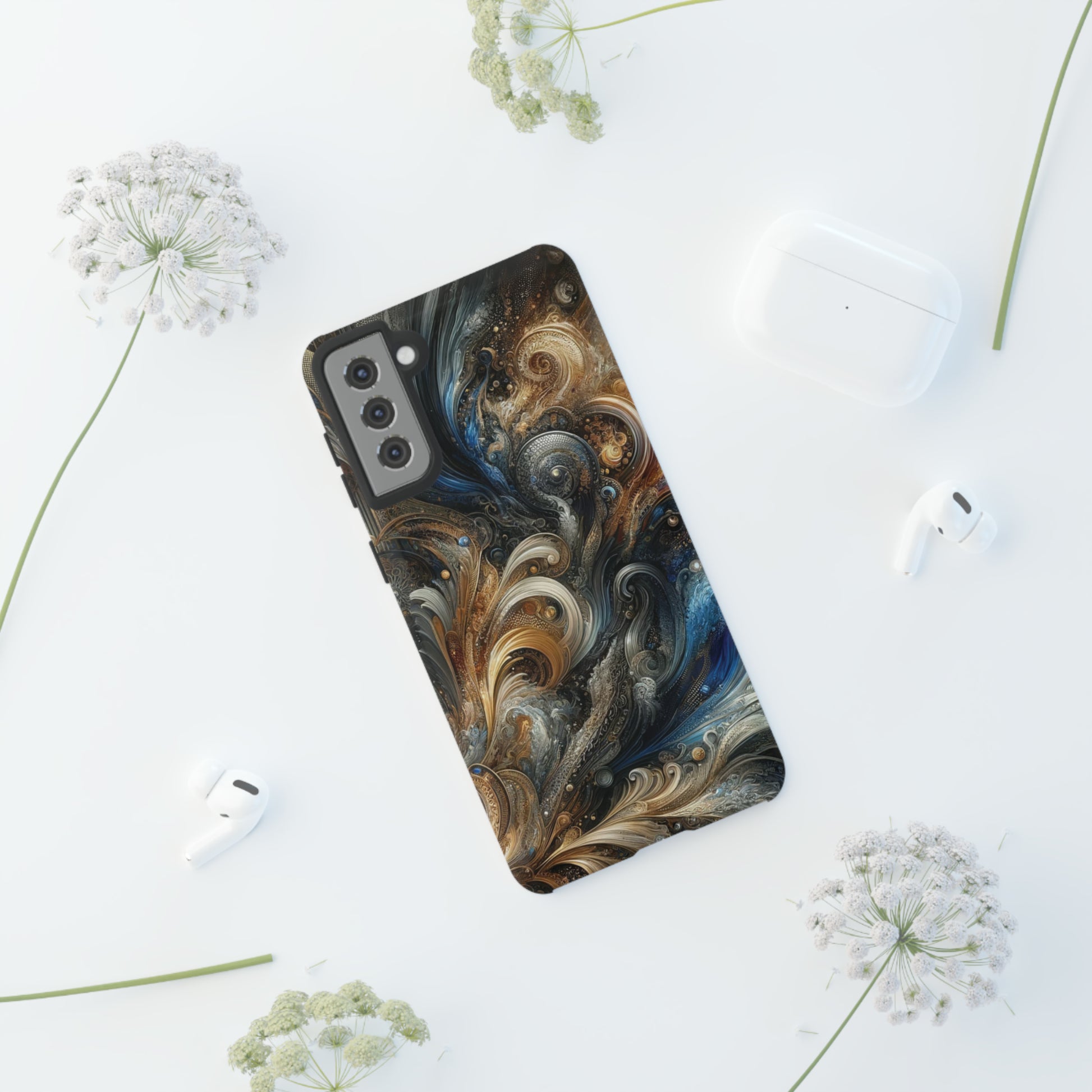 Gold and Navy Art Design Luxury Phone Tough Case Floral Elegant Durable Stylish for Modern Devices iPhone 15, Samsung iPhone Samsung Accessory Gift for Her.