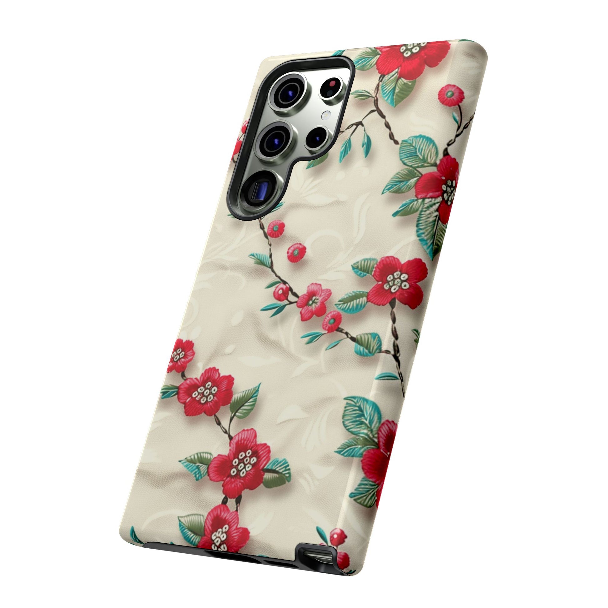 3D Embroidery Illusion Red Flowers Phone Case for iPhone, Samsung Pixel Artistic Floral Protection 15 14 13 12, 21 23 Gift for Her Perfect for Floral Lover