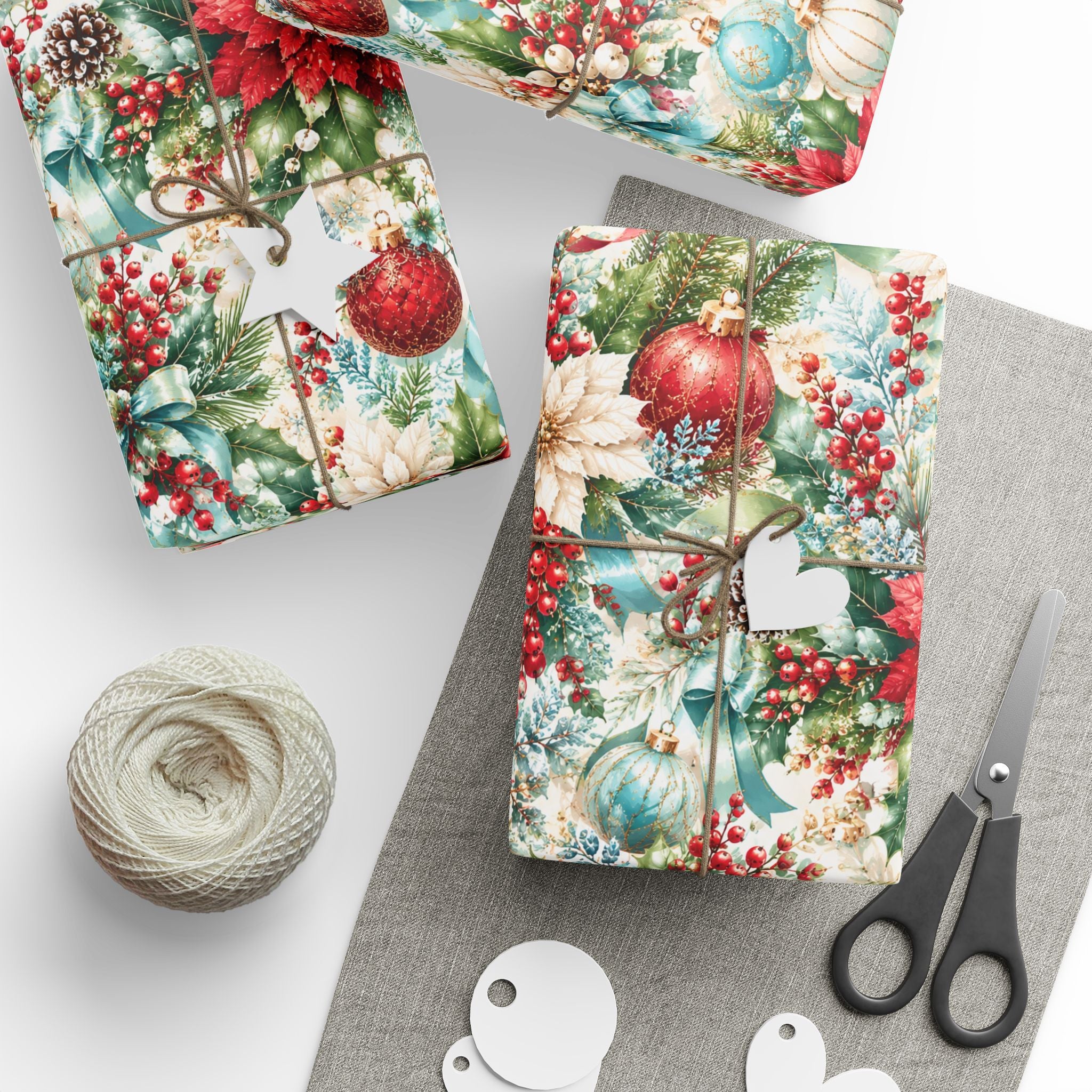 Christmas Floral Holiday Wrapping Paper – Poinsettia & Ornament Gift Wrap for Her