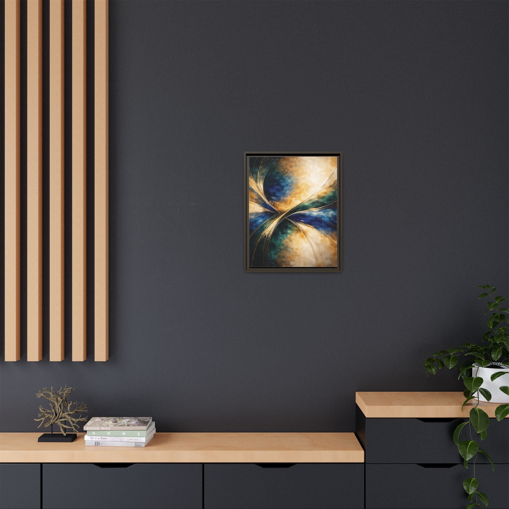 Gilded Convergence  Luxe NeoDeco Blue & Gold Abstract Wall Art Framed