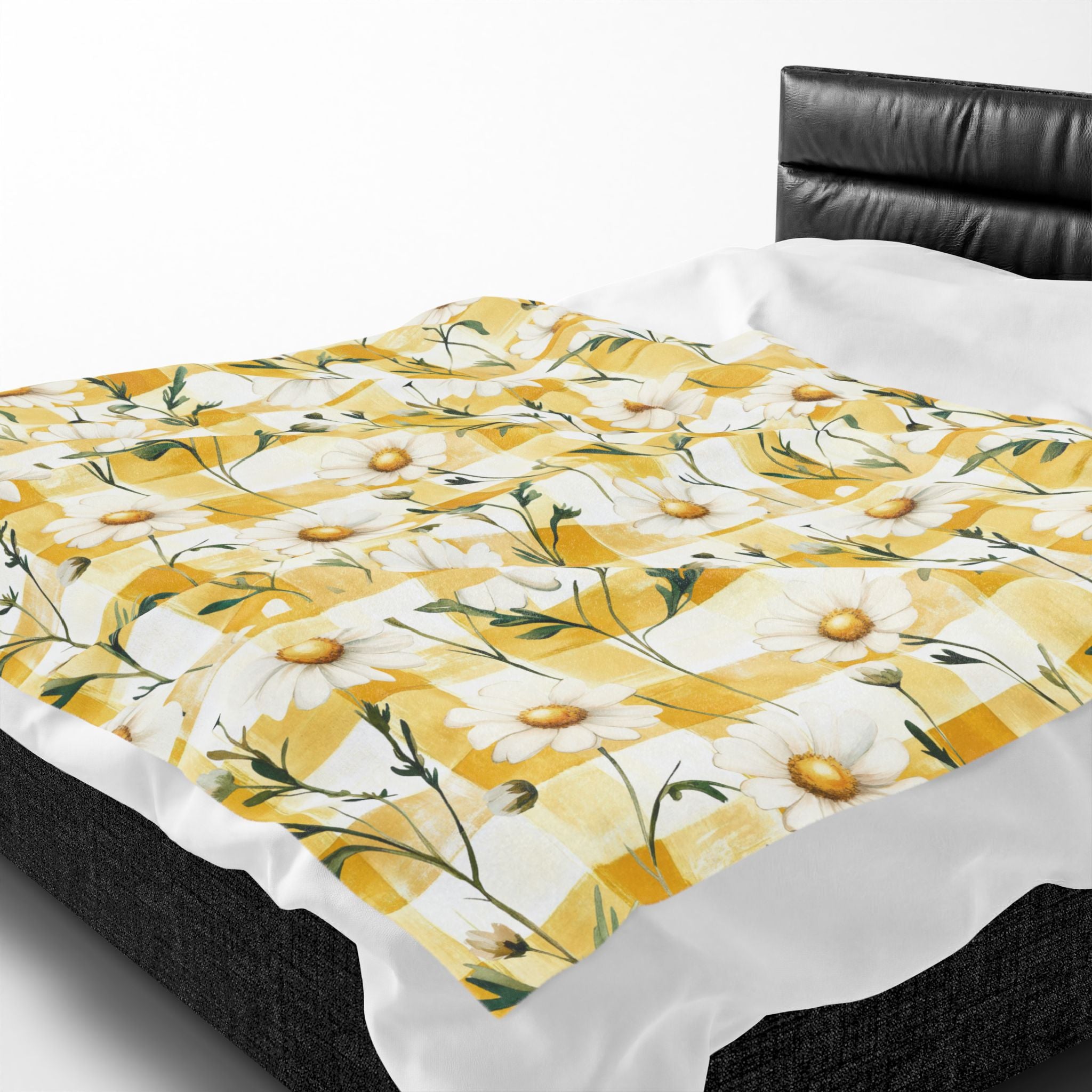 Pastel Yellow Daisy Checker Velveteen Plush Blanket — Spring Floral Cozy Throw