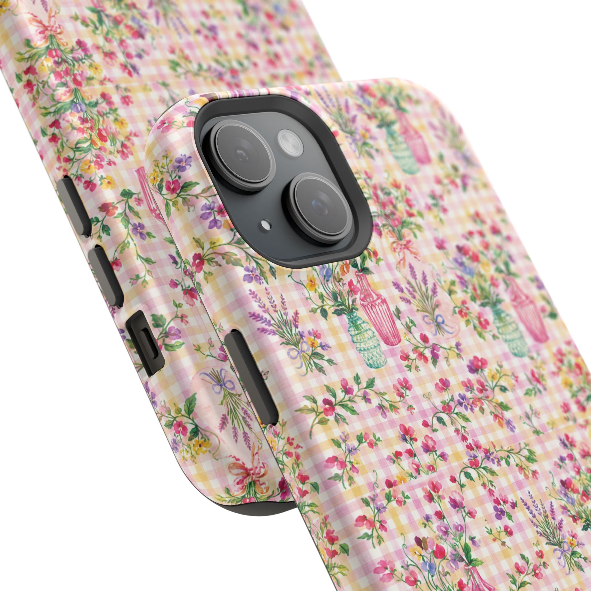 Turquoise & Pink Floral Checker Phone Case — Magnetic Impact-Resistant