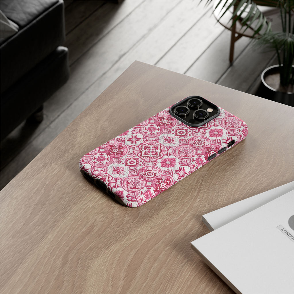 Pink and White Mediterranean Tile Design Phone Case - Stylish, Protective Cover for All Models Gift for Mom Accessory Gift for Her