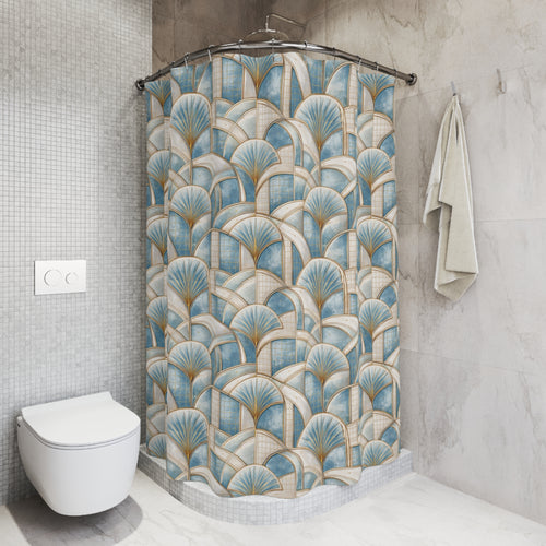 Art Deco Blue & Gold Geometric Shower Curtain Housewarming Gift