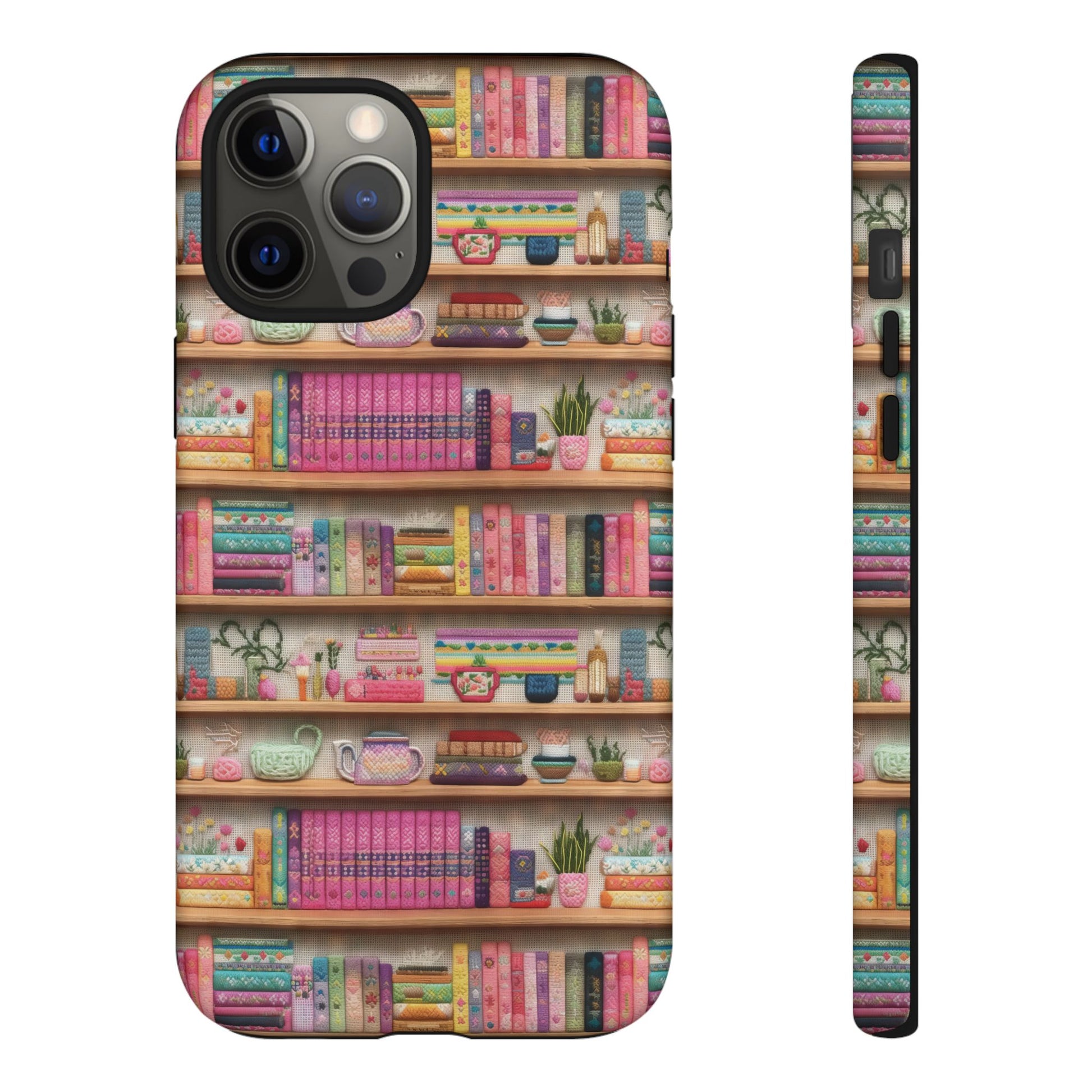 Whimsical 3D Embroidery Illusion Books on Pastel Shelves Phone Case for iPhone, Samsung & Pixel: Unique Accessory for Literary Enthusiasts Gift for Her Perfect for Floral Lover