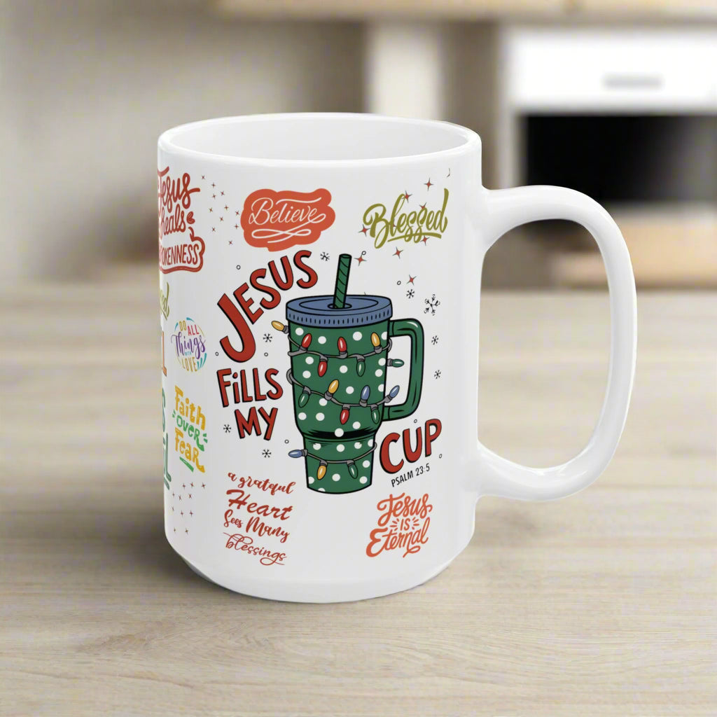White mug with colorful text and a green mug graphic on a white background