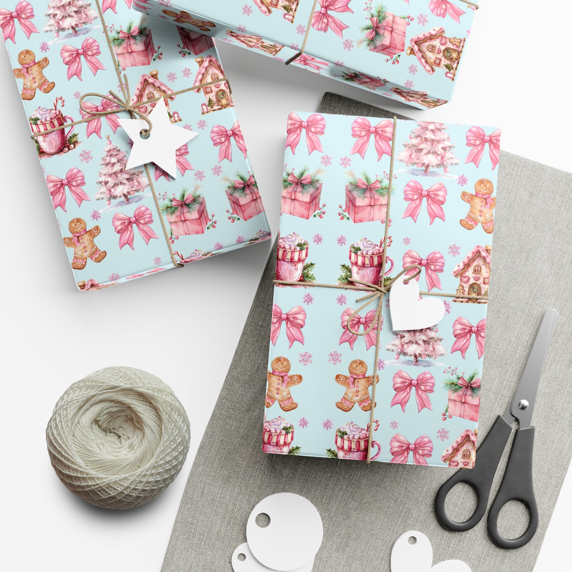 Coquette Pink Gingerbread House Man Wrapping Paper with Adorable Pink Bows Perfect for Whimsical Christmas Gift Wrap | Festive Holiday Present Wrapping Sheets - MRSBYVALLE