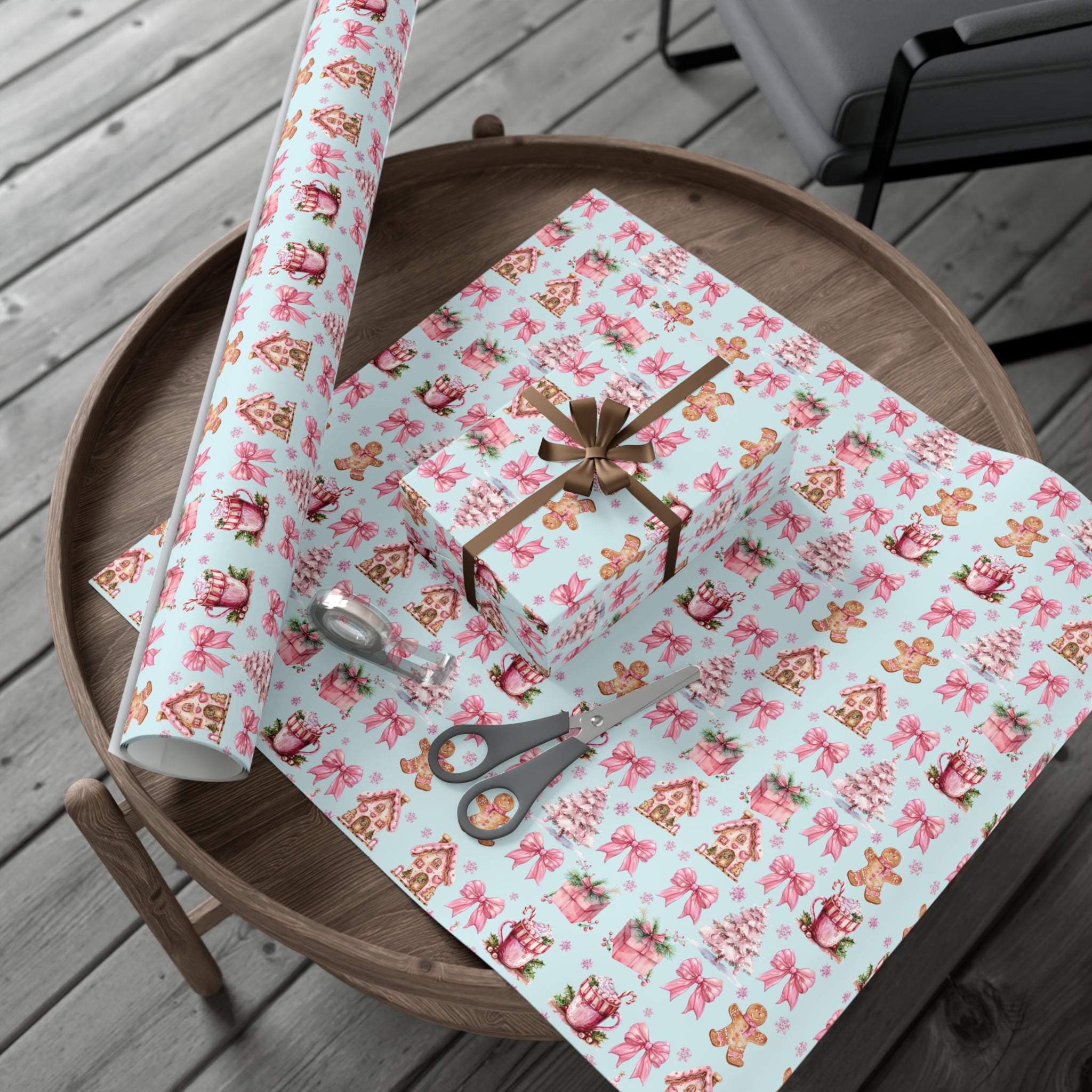Coquette Pink Gingerbread House Man Wrapping Paper with Adorable Pink Bows Perfect for Whimsical Christmas Gift Wrap | Festive Holiday Present Wrapping Sheets - MRSBYVALLE