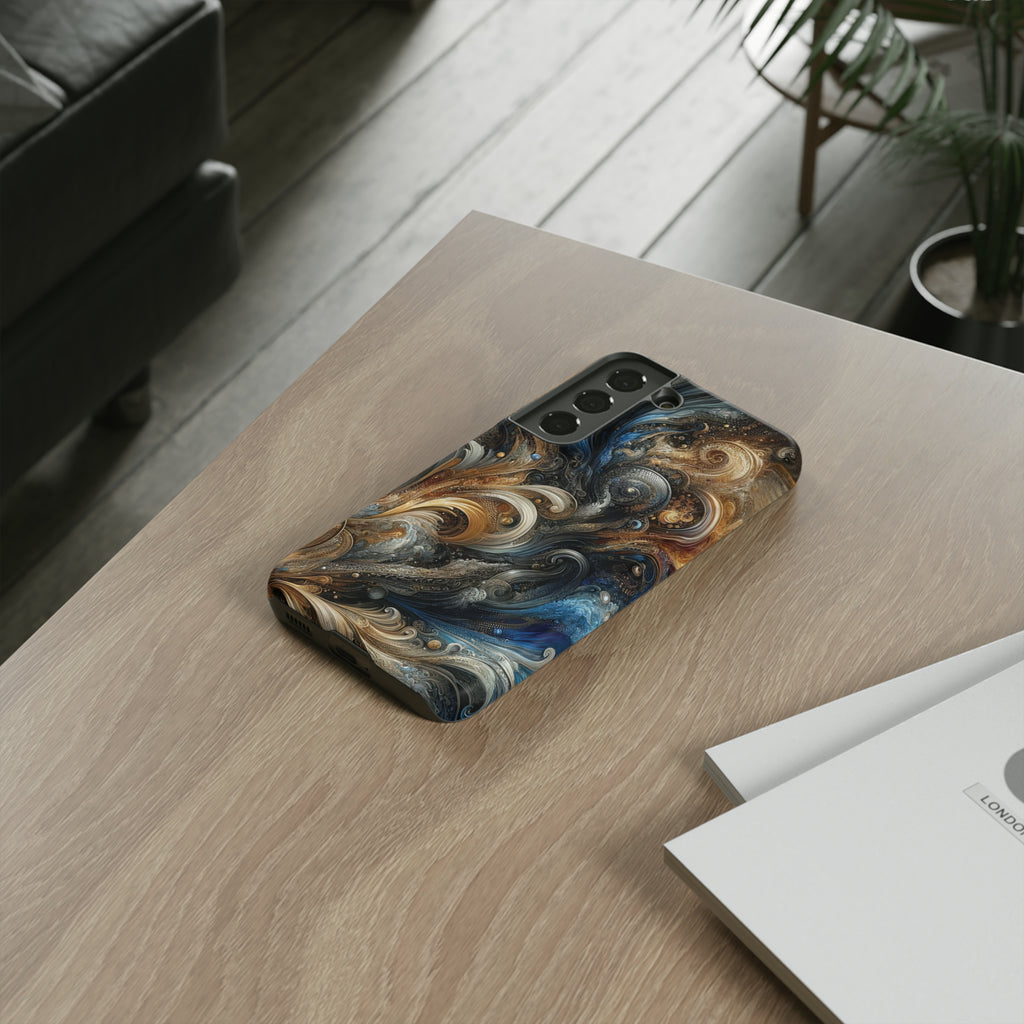 Gold and Navy Art Design Luxury Phone Tough Case Floral Elegant Durable Stylish for Modern Devices iPhone 15, Samsung iPhone Samsung Accessory Gift for Her.