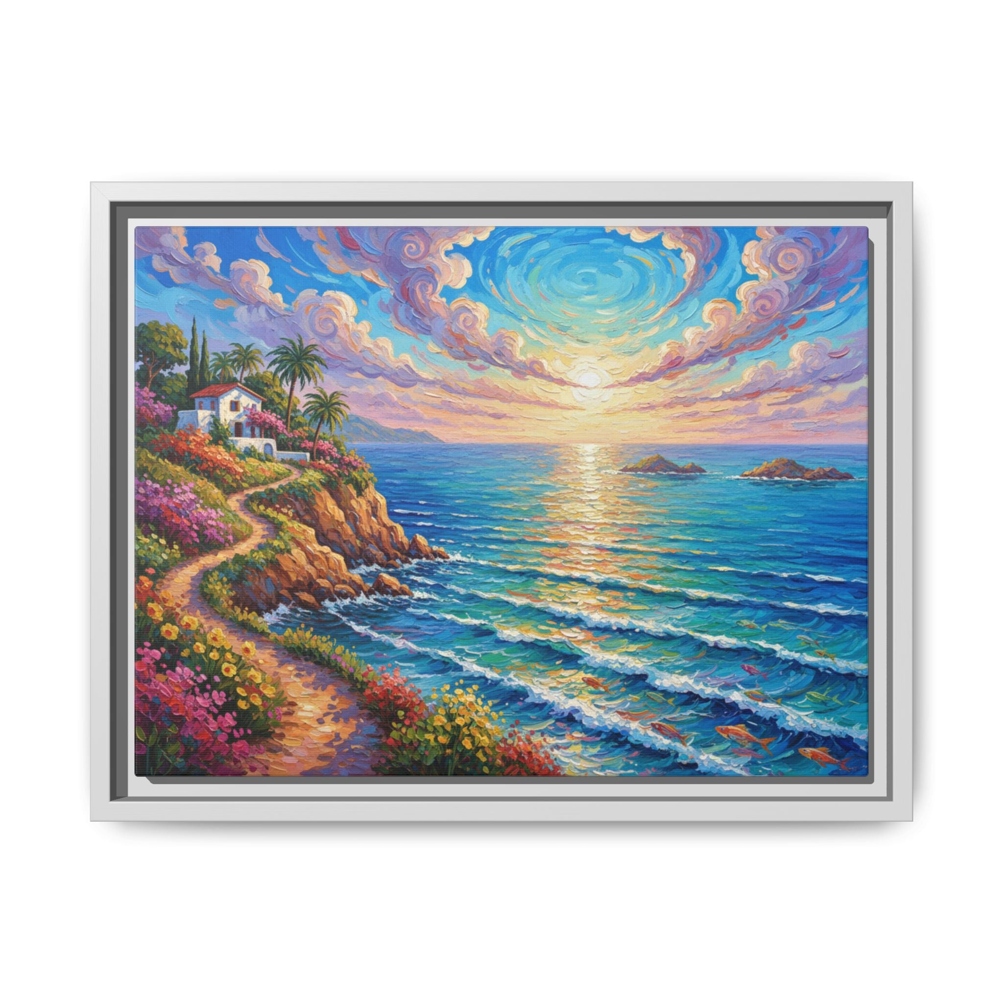 Ocean Floral Print Canvas | Bright Colorful Seascape Wall Art, Framed Matte Office Art Work