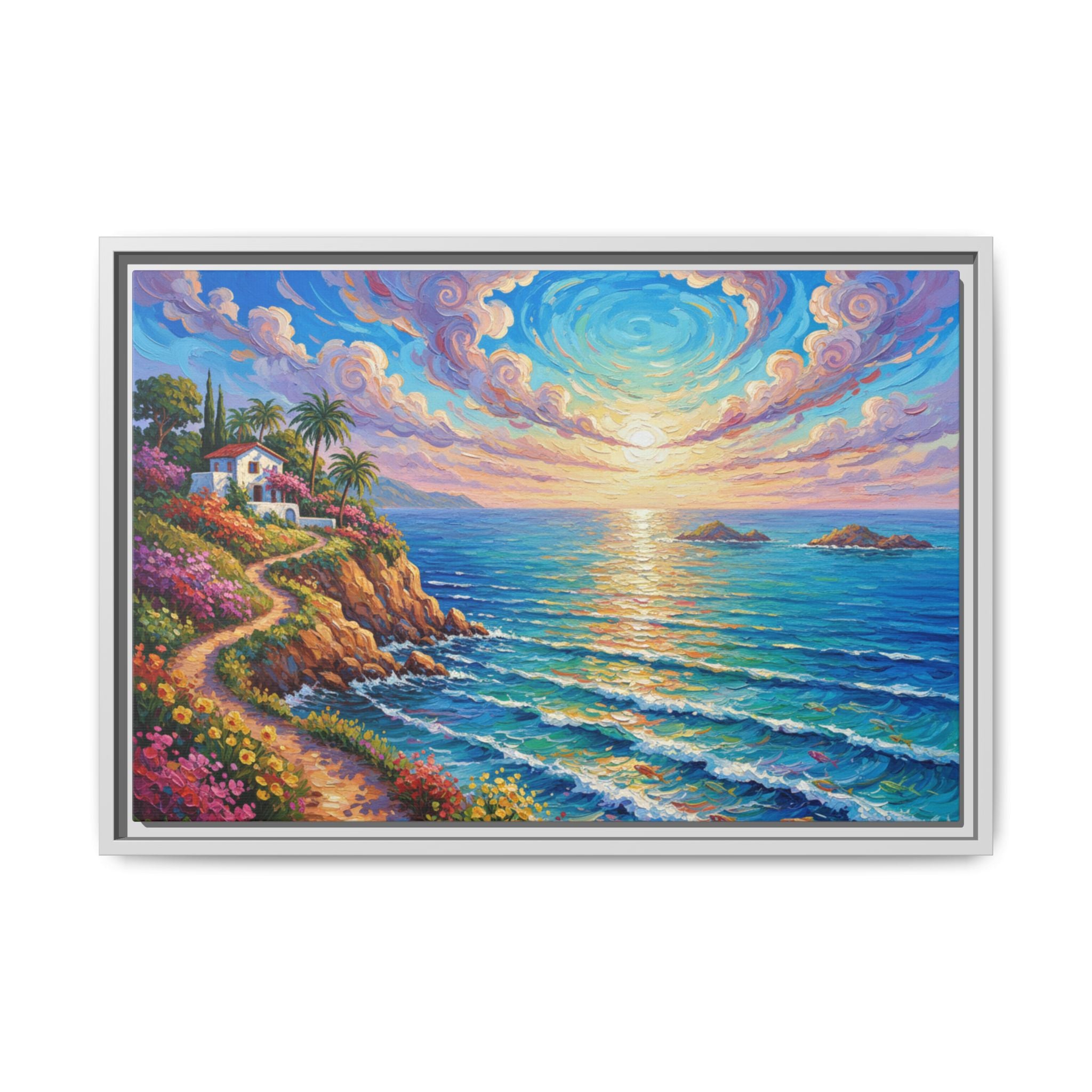 Ocean Floral Print Canvas | Bright Colorful Seascape Wall Art, Framed Matte Office Art Work