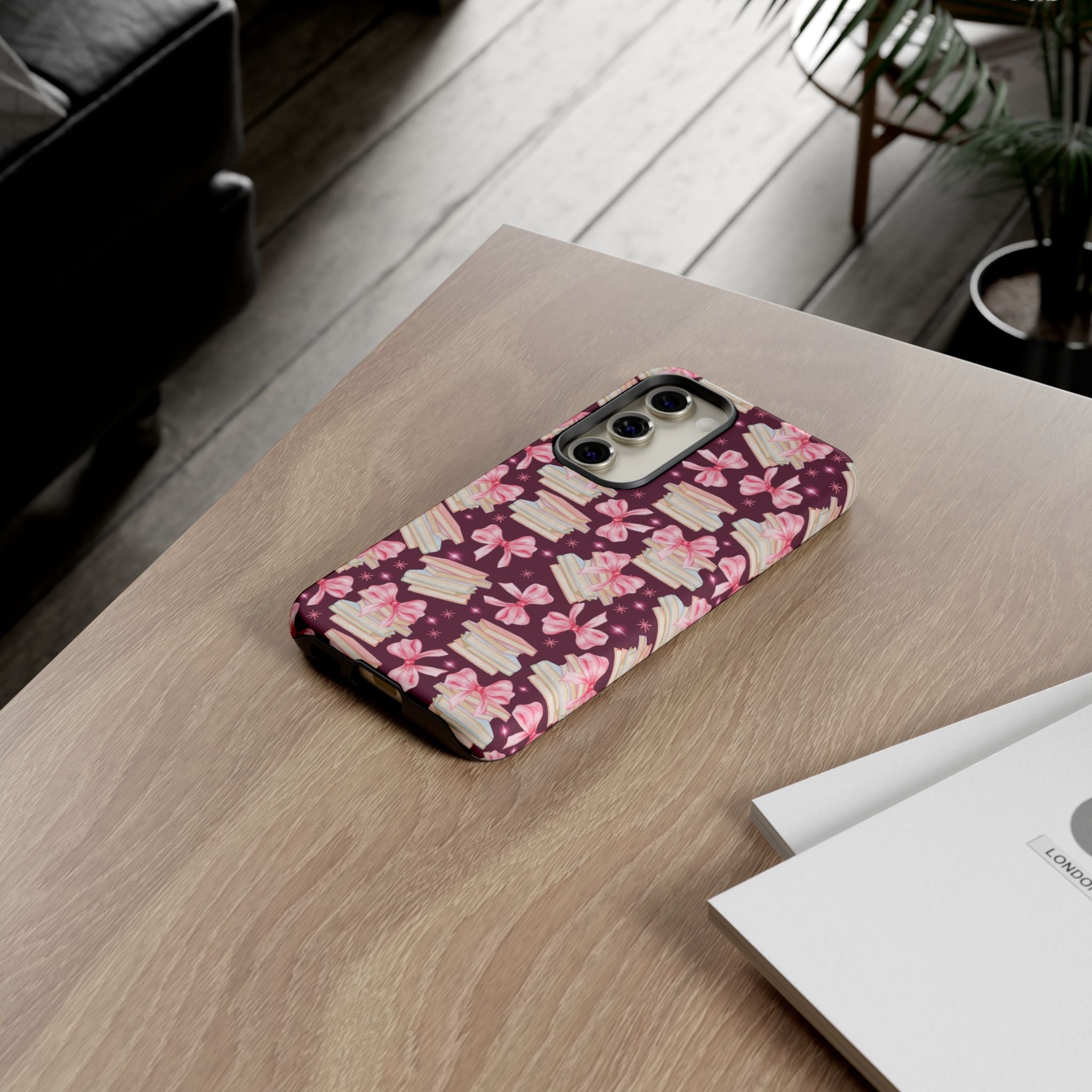Coquette Pink Bows & Books Phone Case for iPhone 17 and Samsung, Pixel | Stylish Protective Cover Gift for Her Perfect for Floral Lover
