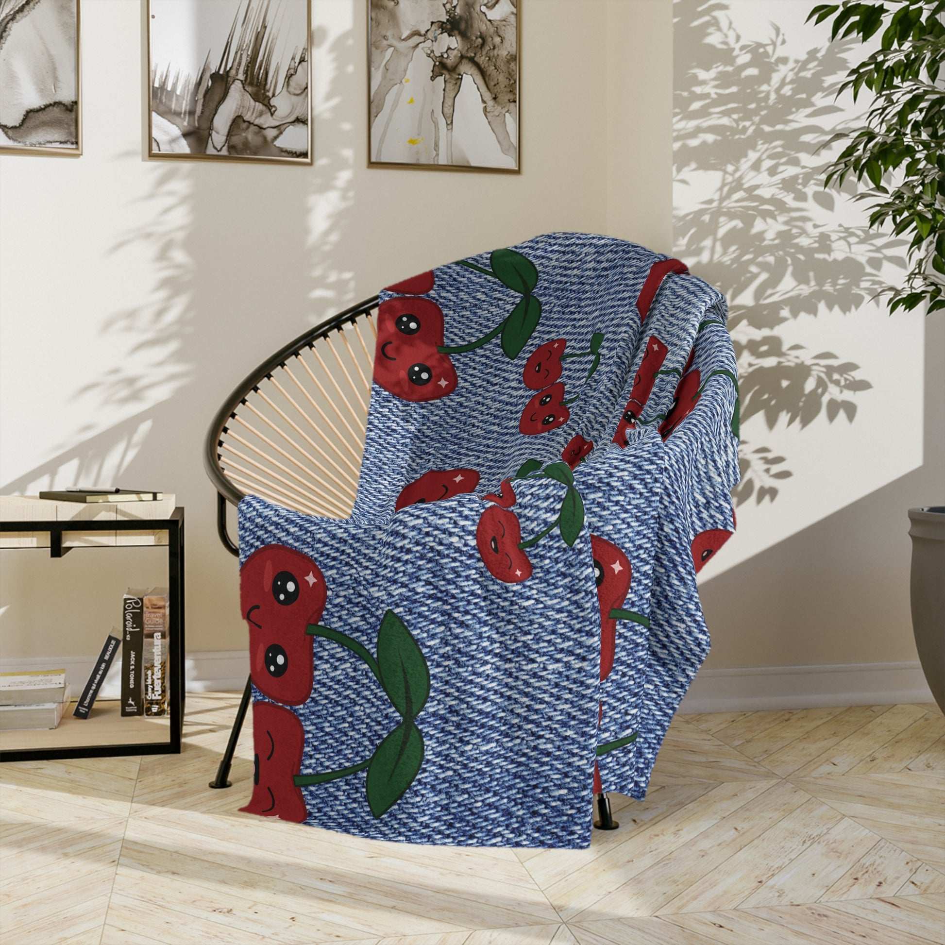 Luxurious Minky Blanket with Faux Denim Cherry Design Cozy Comfort Throw Ultra-Soft Microfiber Comfort Blanket, Perfect for Snuggling Decor, Cozy All-Season Warmth, Blanket Luxurious Comfort Housewarming Gift Throw.