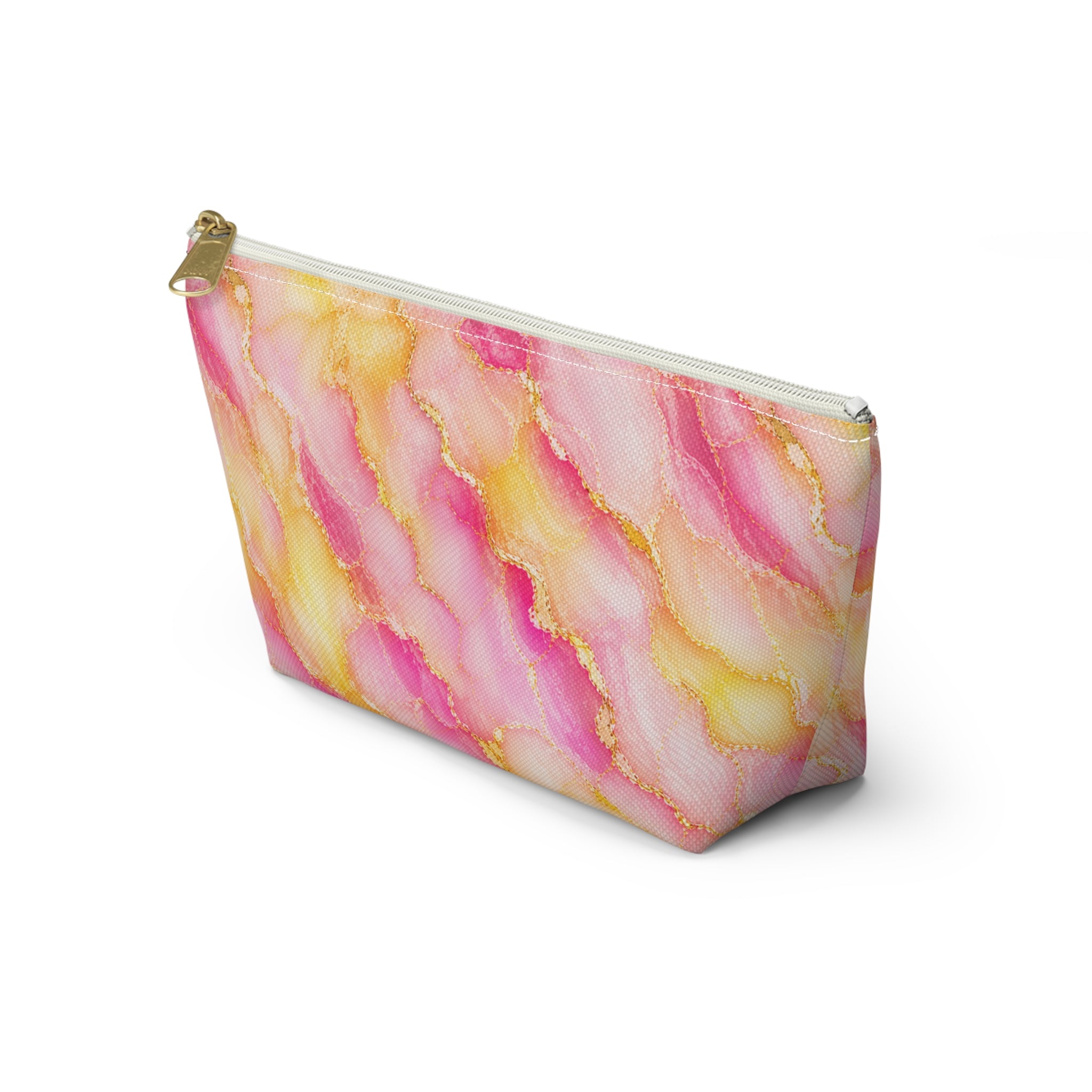 Trousse de Maquillage en Marbre Aquarelle Rose et Or – Sac à Accessoires à Fond Plat