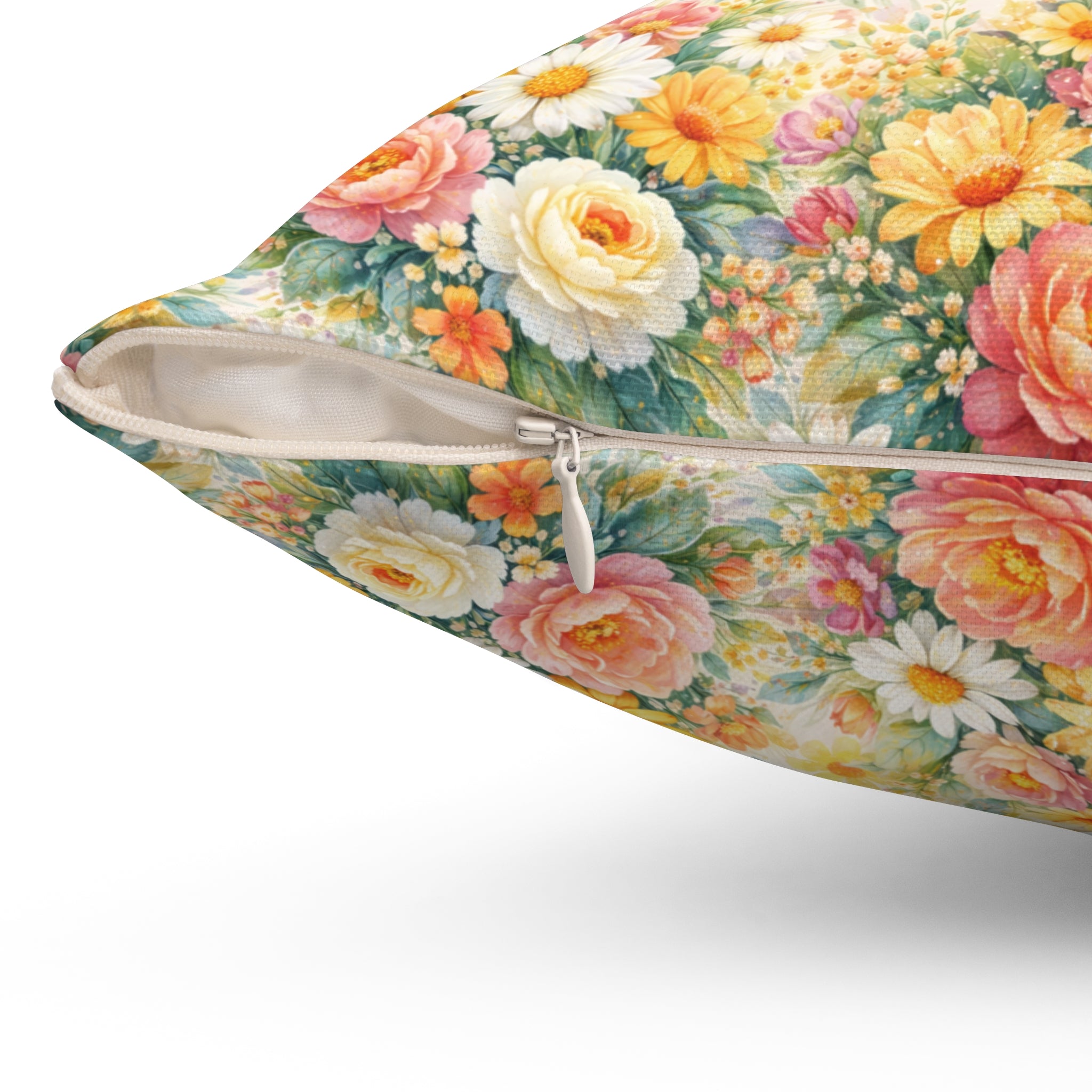Pink & Yellow Wildflower Garden Pillow — Lush Botanical Square Throw Pillow