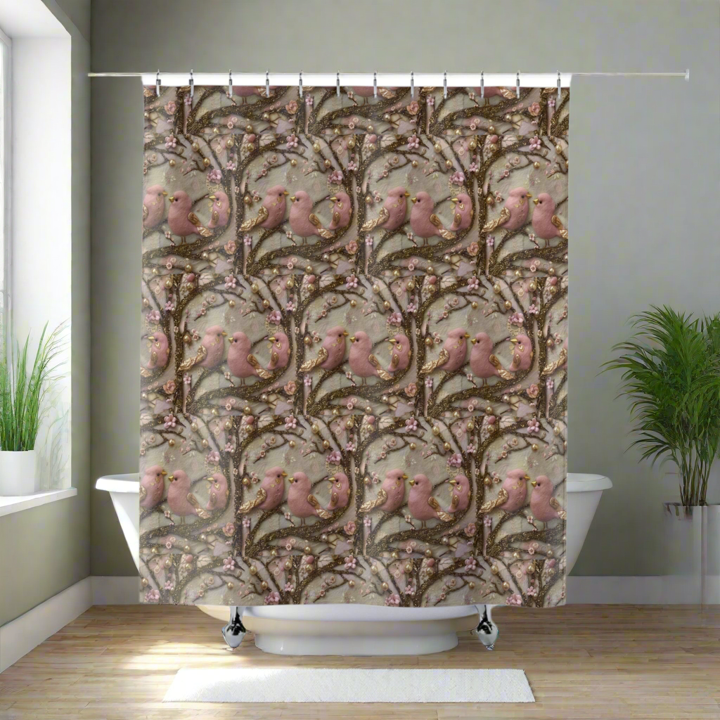 New House Boho Pink Birds 3D Illusion Shower Curtain Books & Bows Design | Autumn Bathroom Decor for Cozy and Stylish Bathroom Spaces - MRSBYVALLE