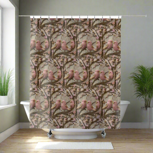 New House Boho Pink Birds 3D Illusion Shower Curtain Books & Bows Design | Autumn Bathroom Decor for Cozy and Stylish Bathroom Spaces - MRSBYVALLE